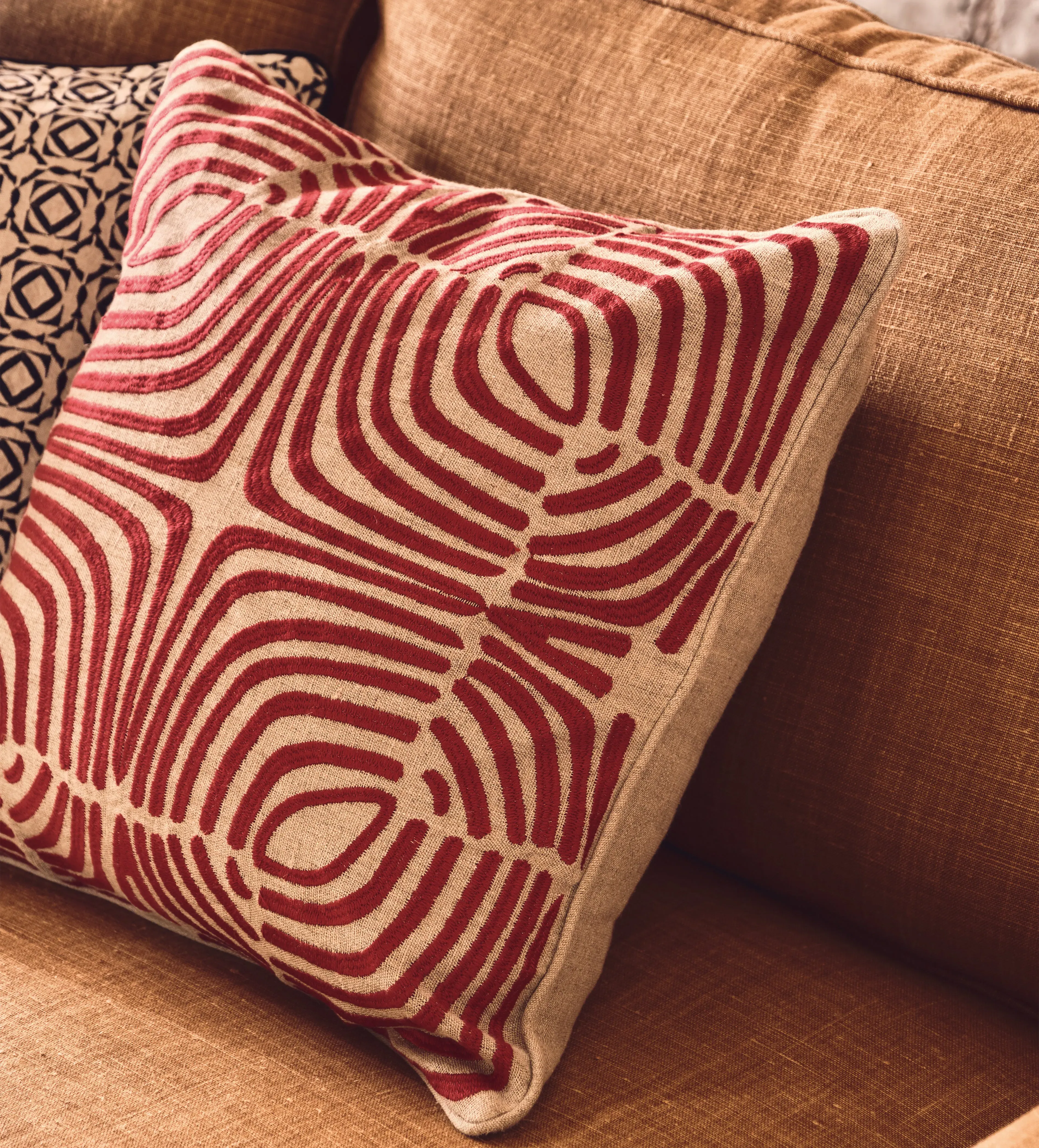 Cushion Cover with Embroidery - Red, Linen
