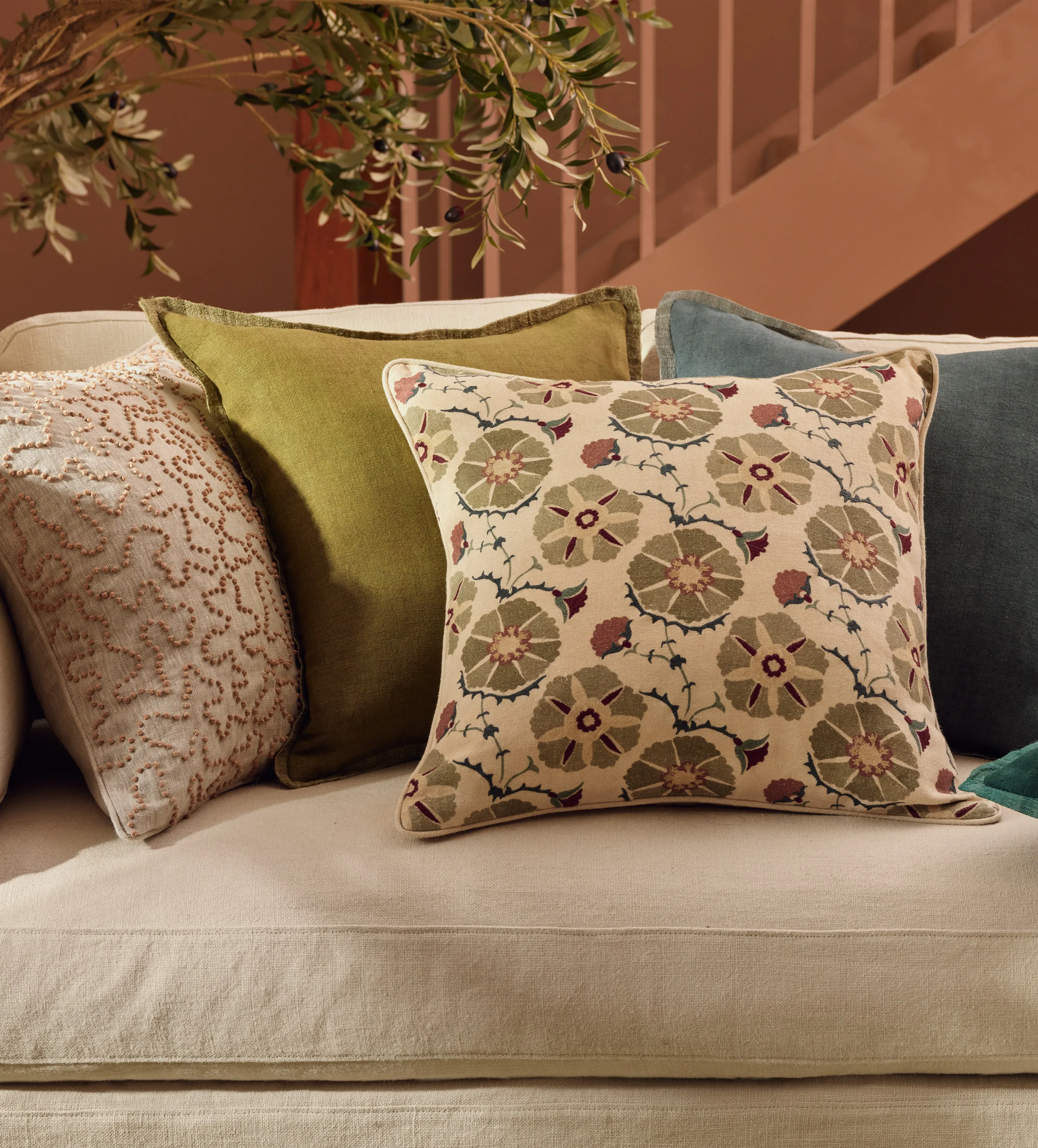 Cushion Cover with Floral Pattern - Sage, Linen