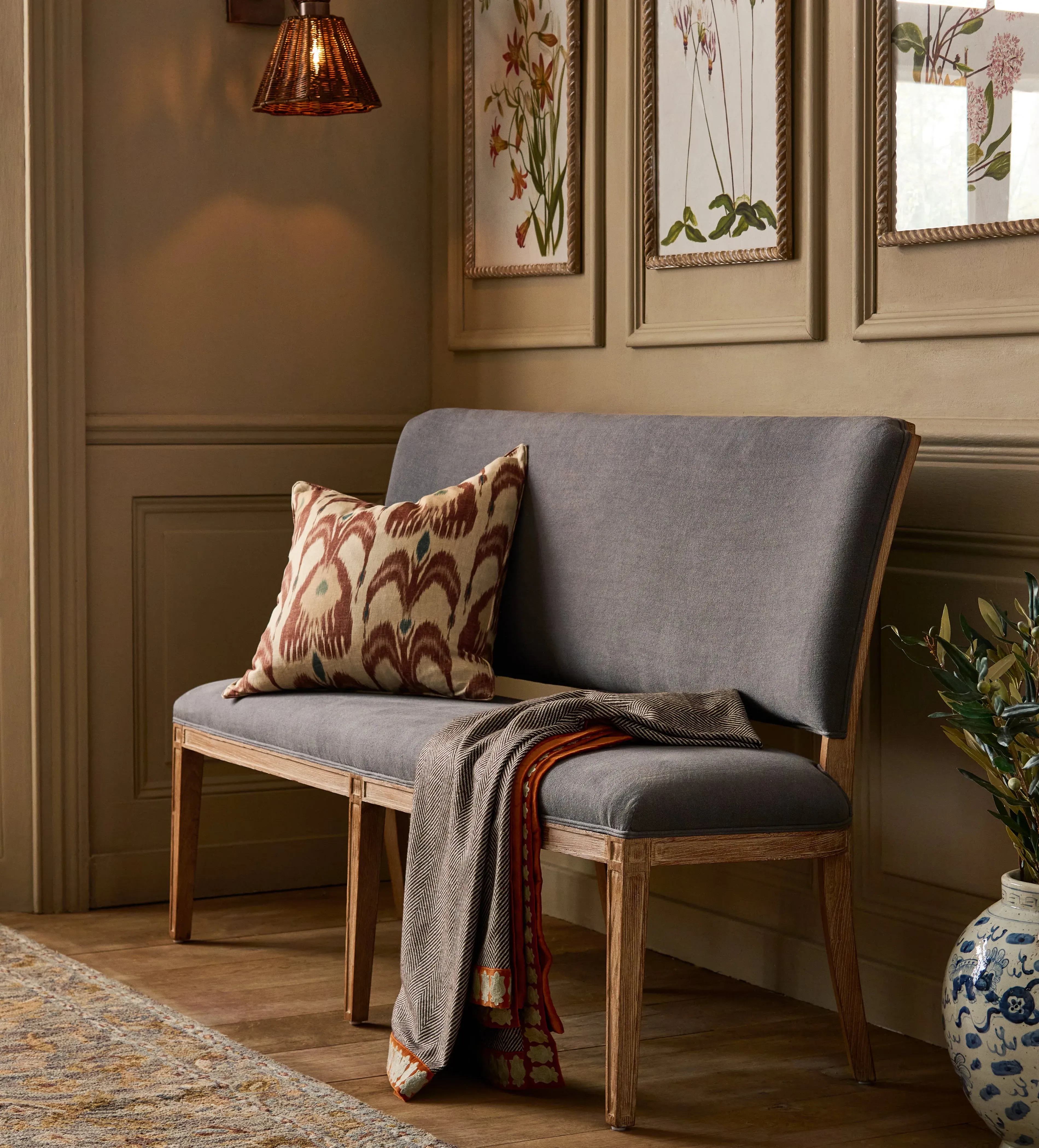 Dining Bench with High Back - Charcoal, Linen