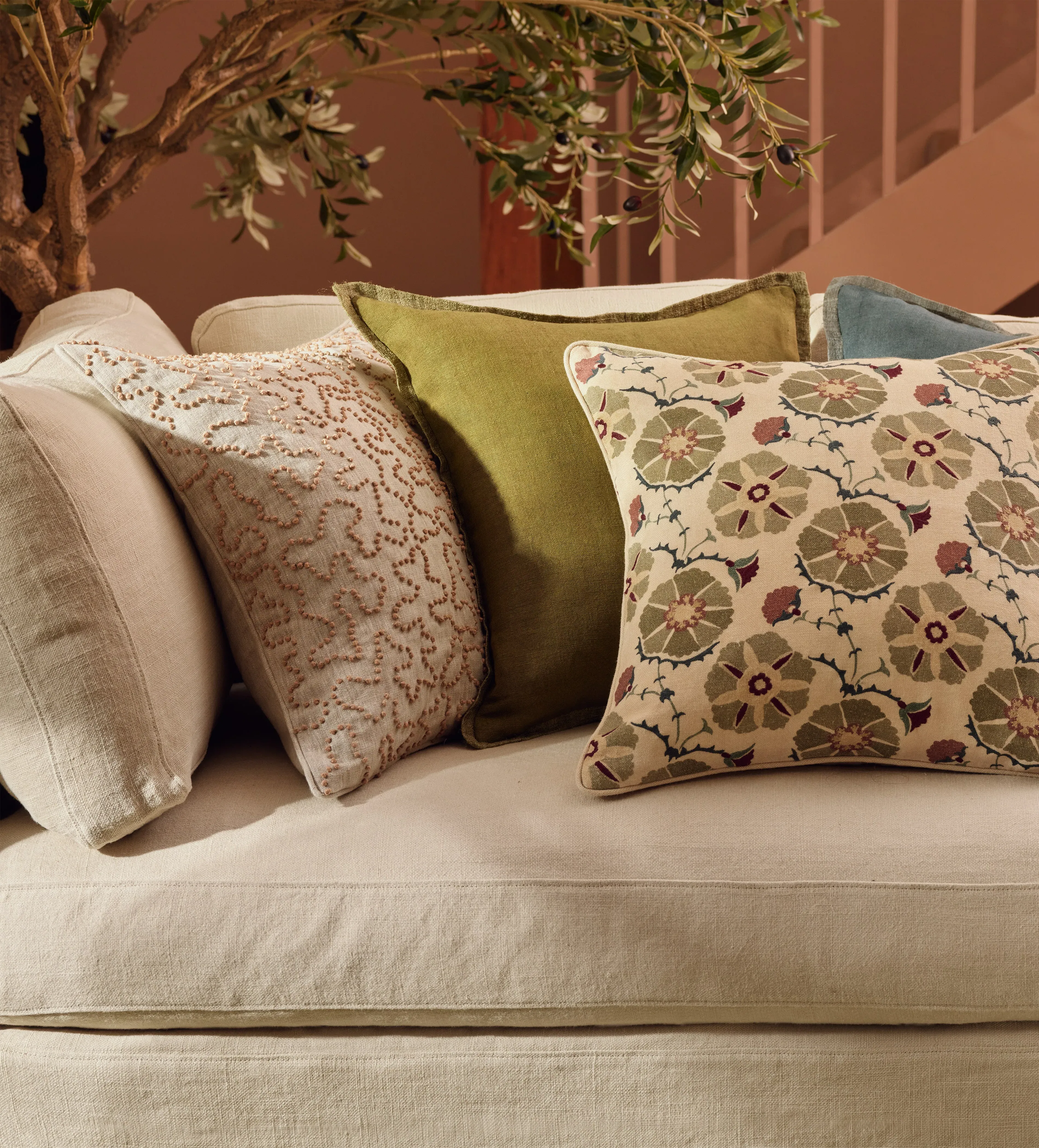 Embroidered Cushion Cover - Apricot, Linen