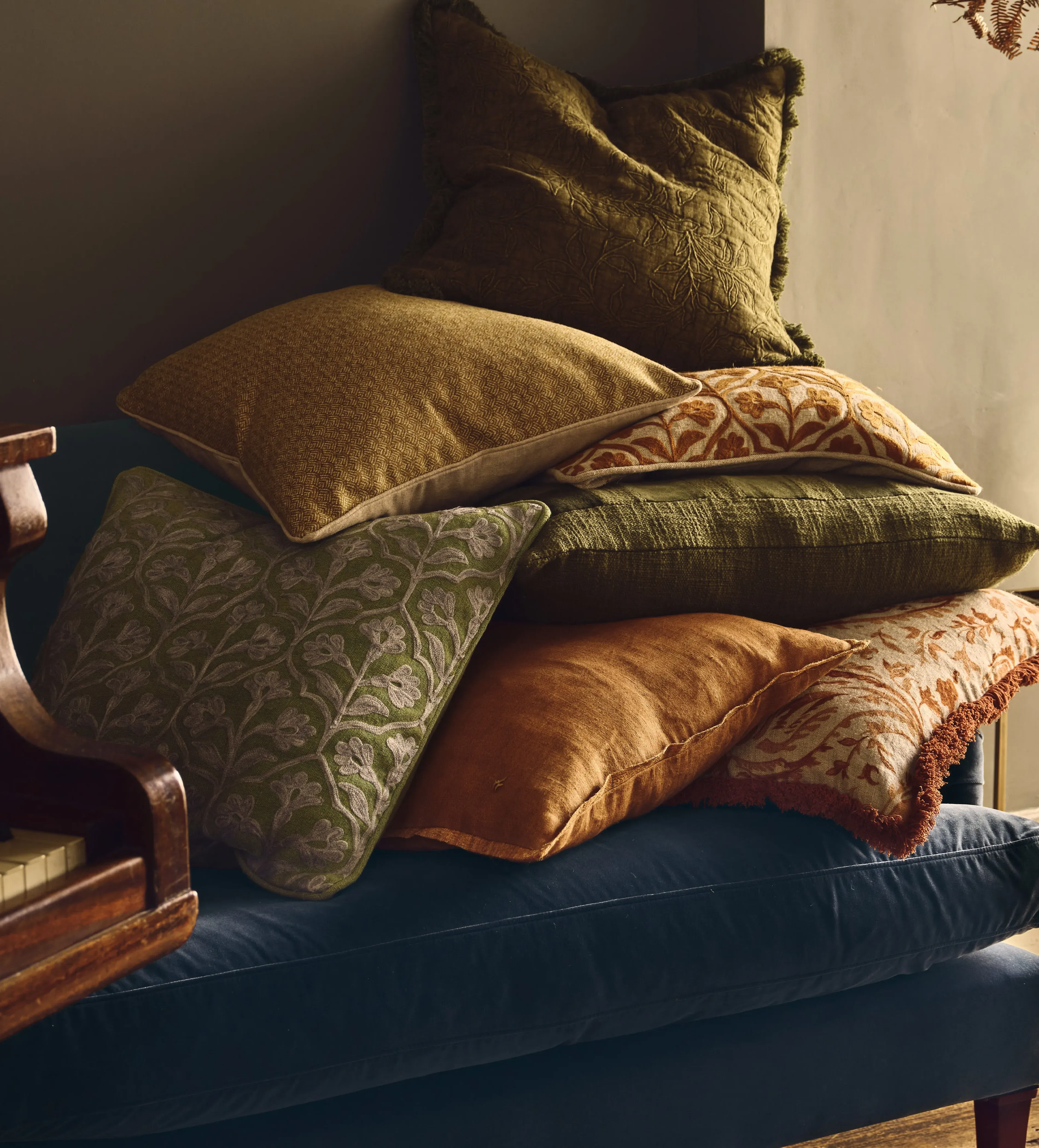 Embroidered Cushion Cover - Grey Green, Cotton