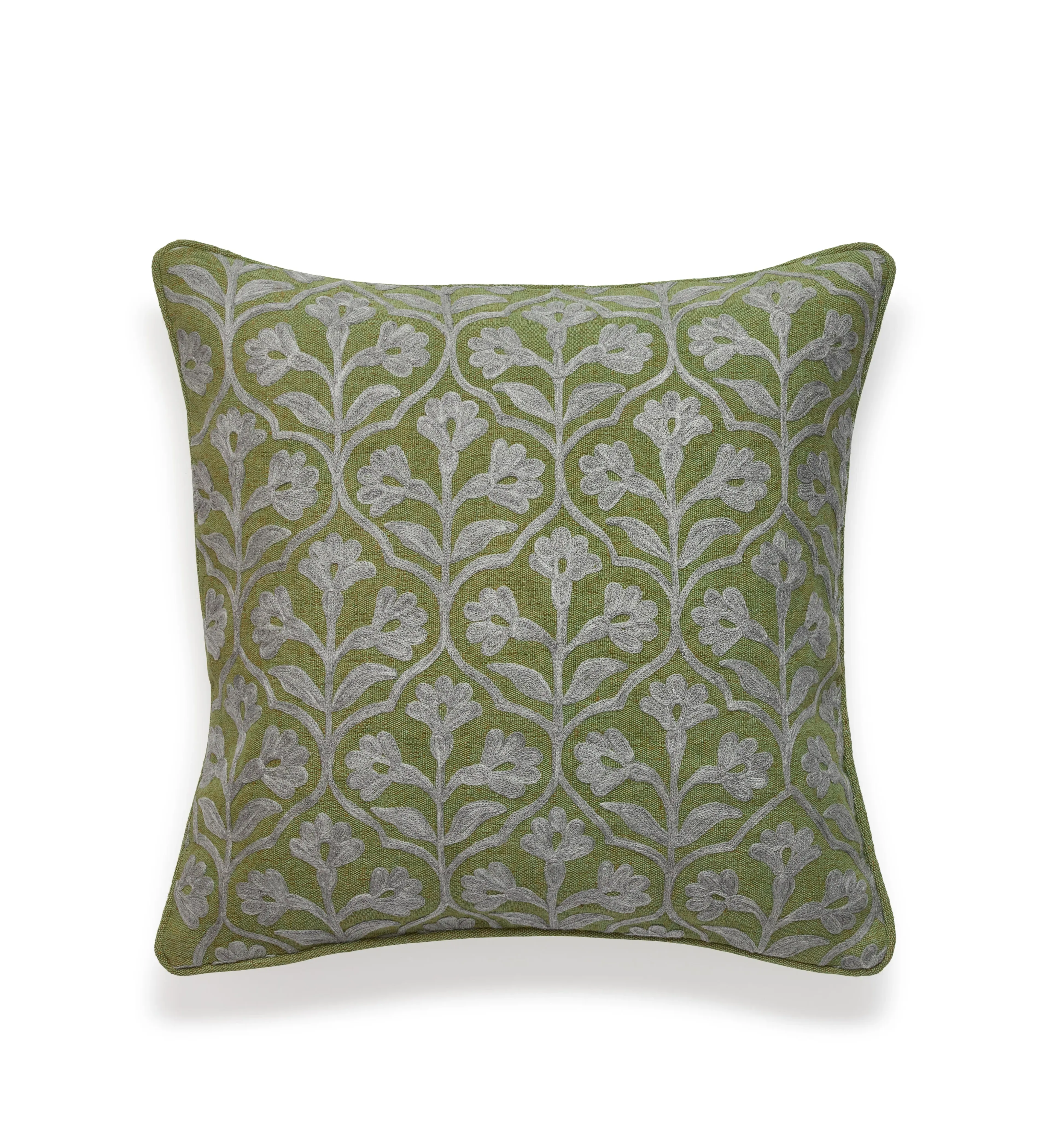 Embroidered Cushion Cover - Grey Green, Cotton