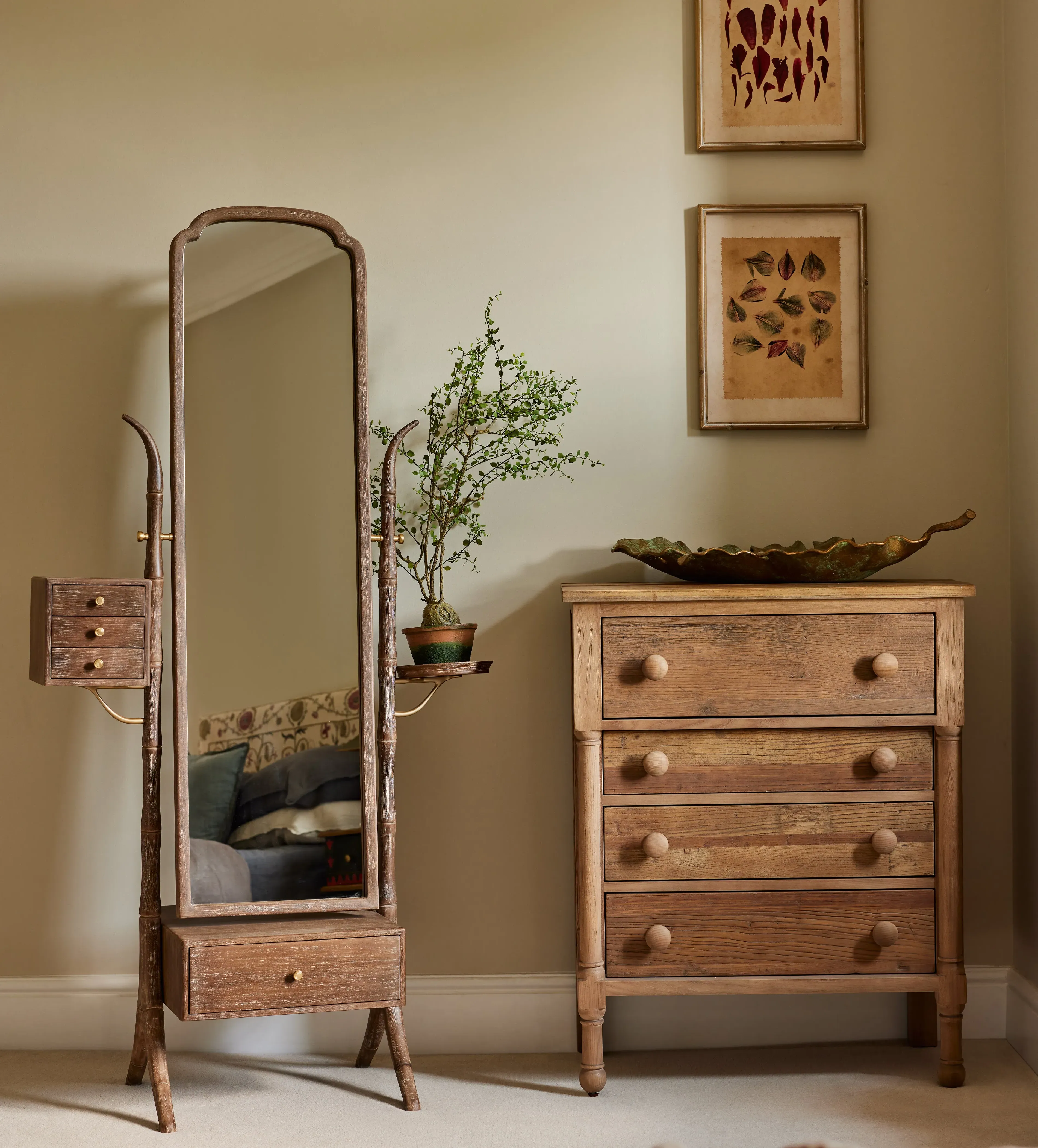 Floor Mirror with Drawers - Burnt Oak, Beech Wood