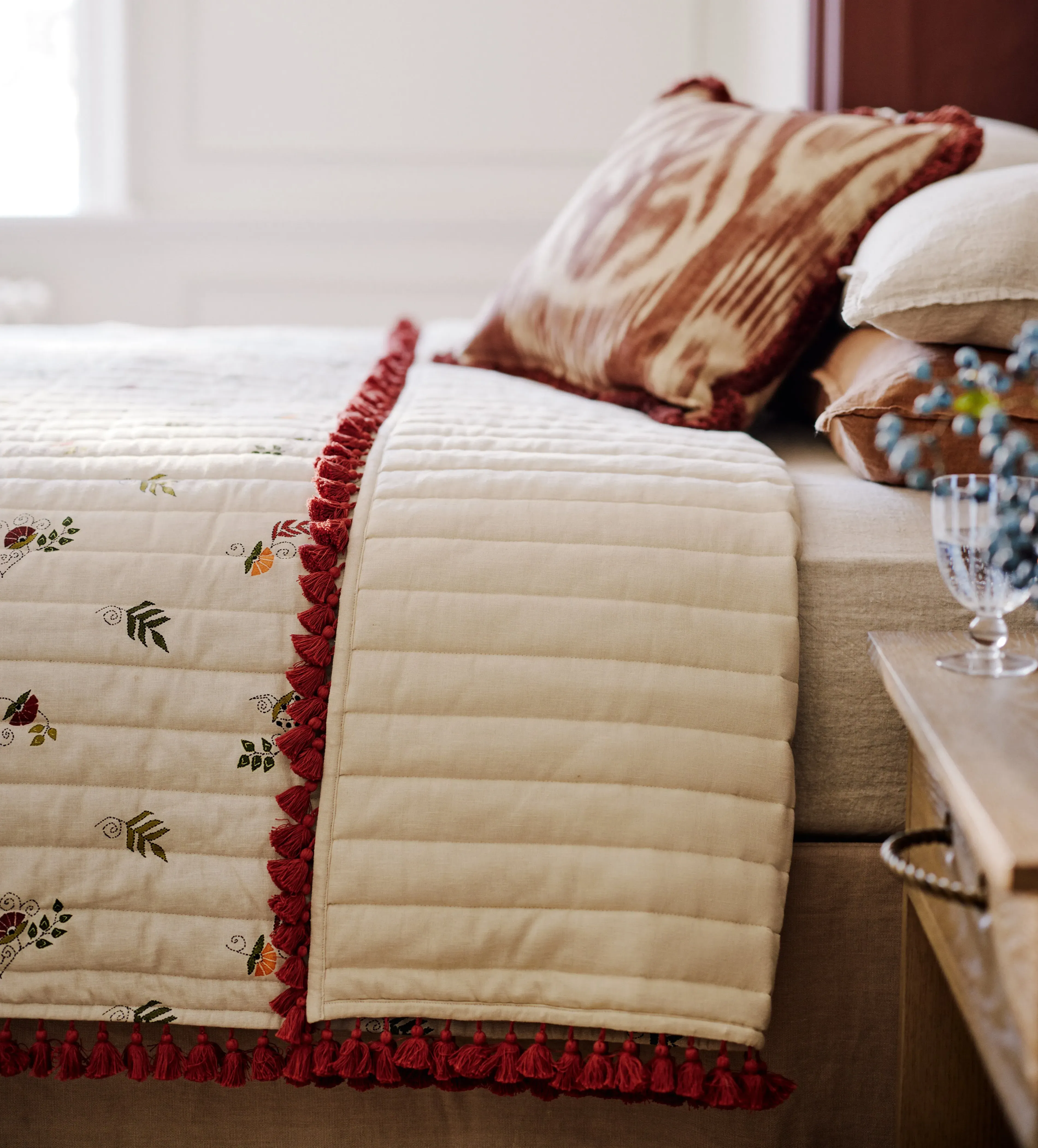 Floral Quilt with Tassels - Multi, Linen