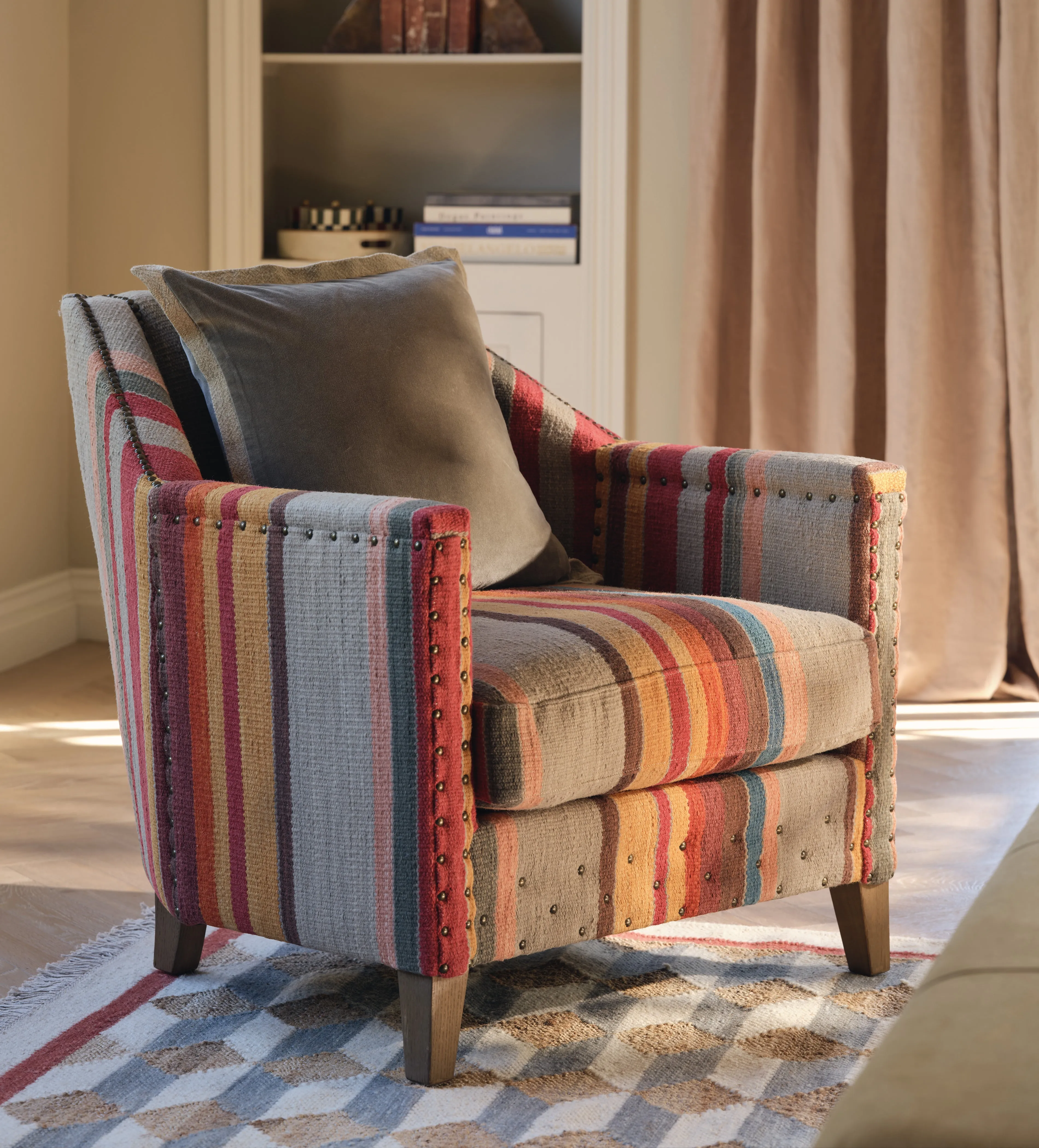 Large Club Chair with Brass Studs - Multi, Kilim