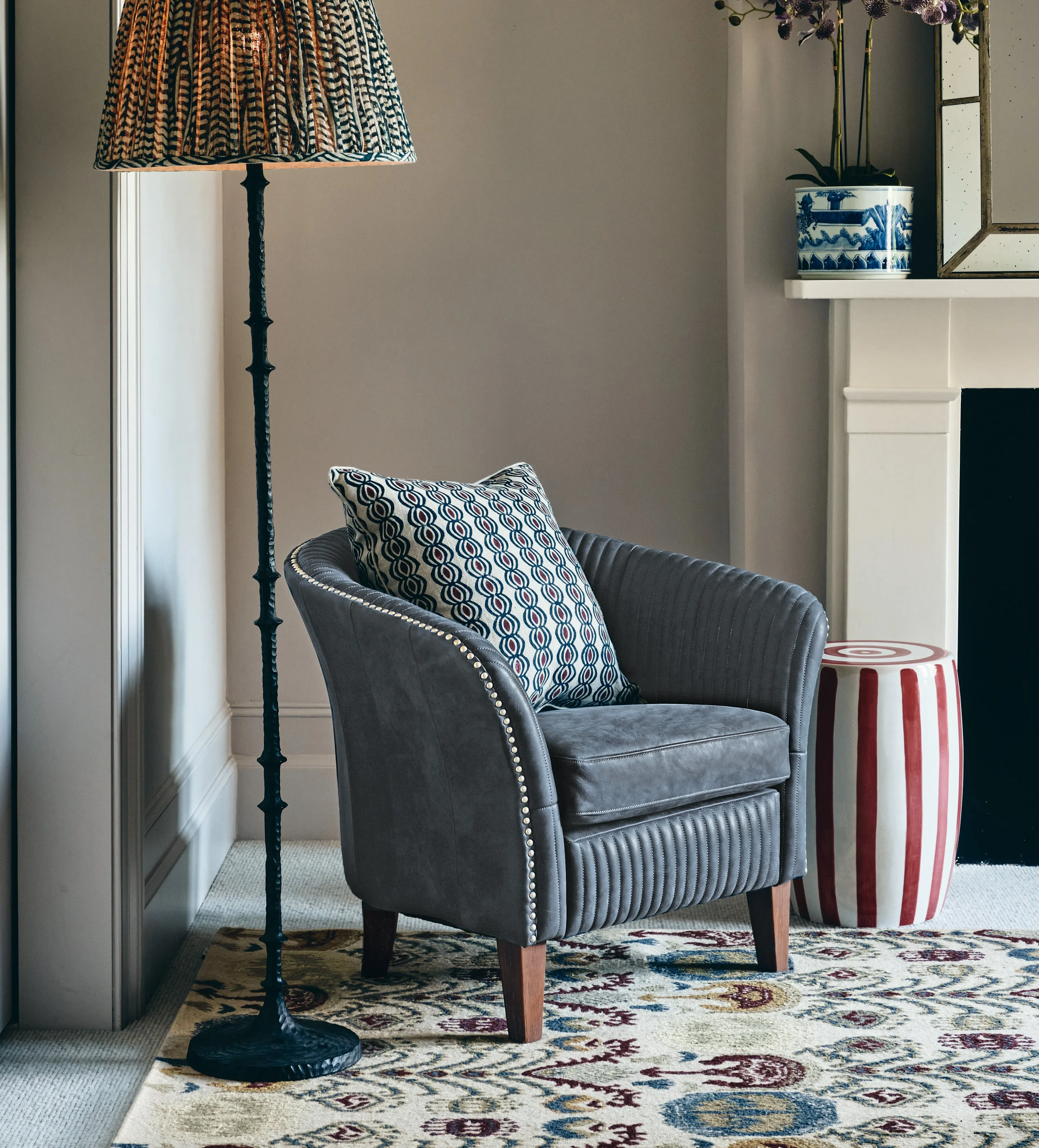 Leather Armchair with Studded Detail - Blue