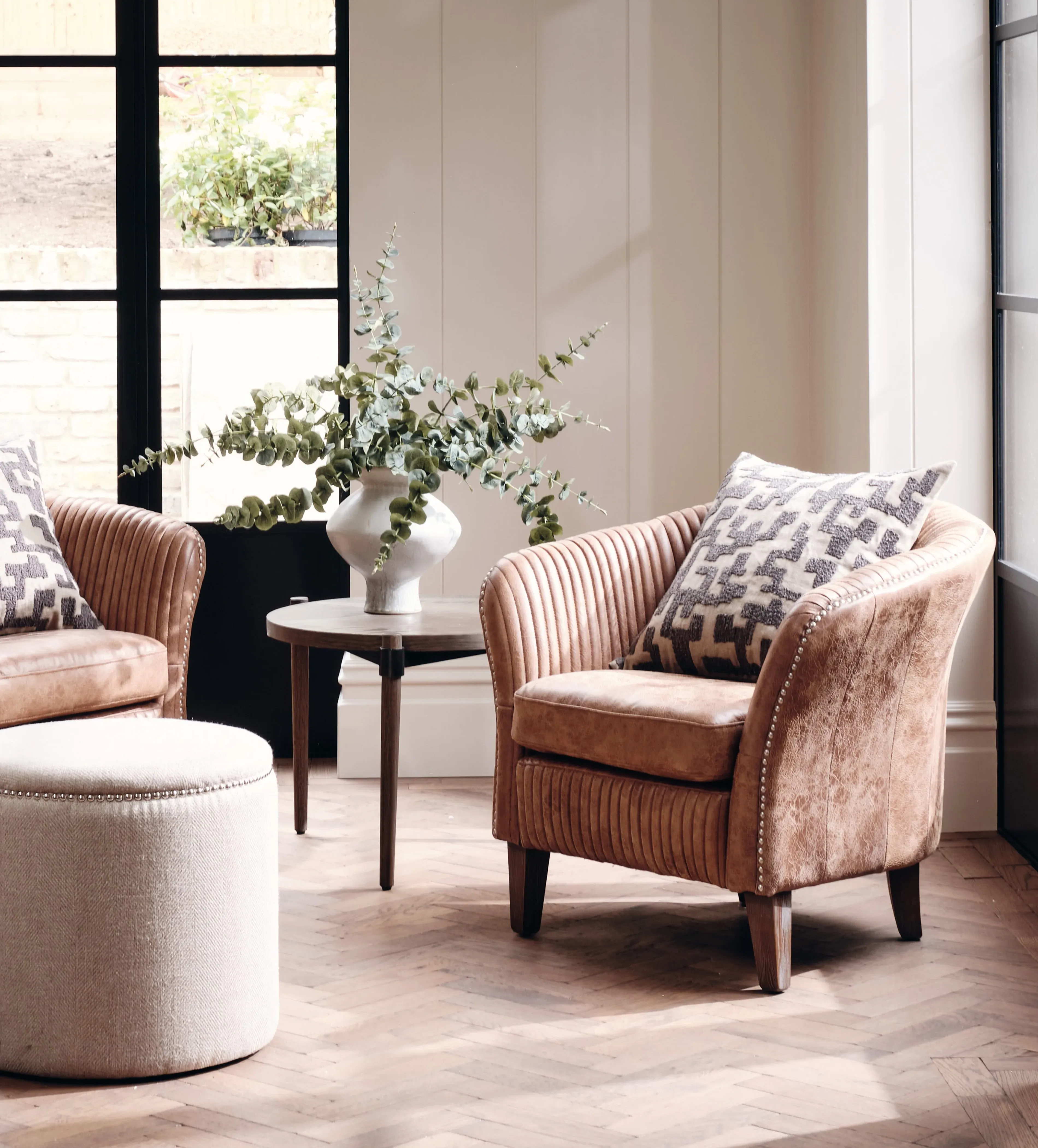 Leather Armchair with Studded Detail - Brown