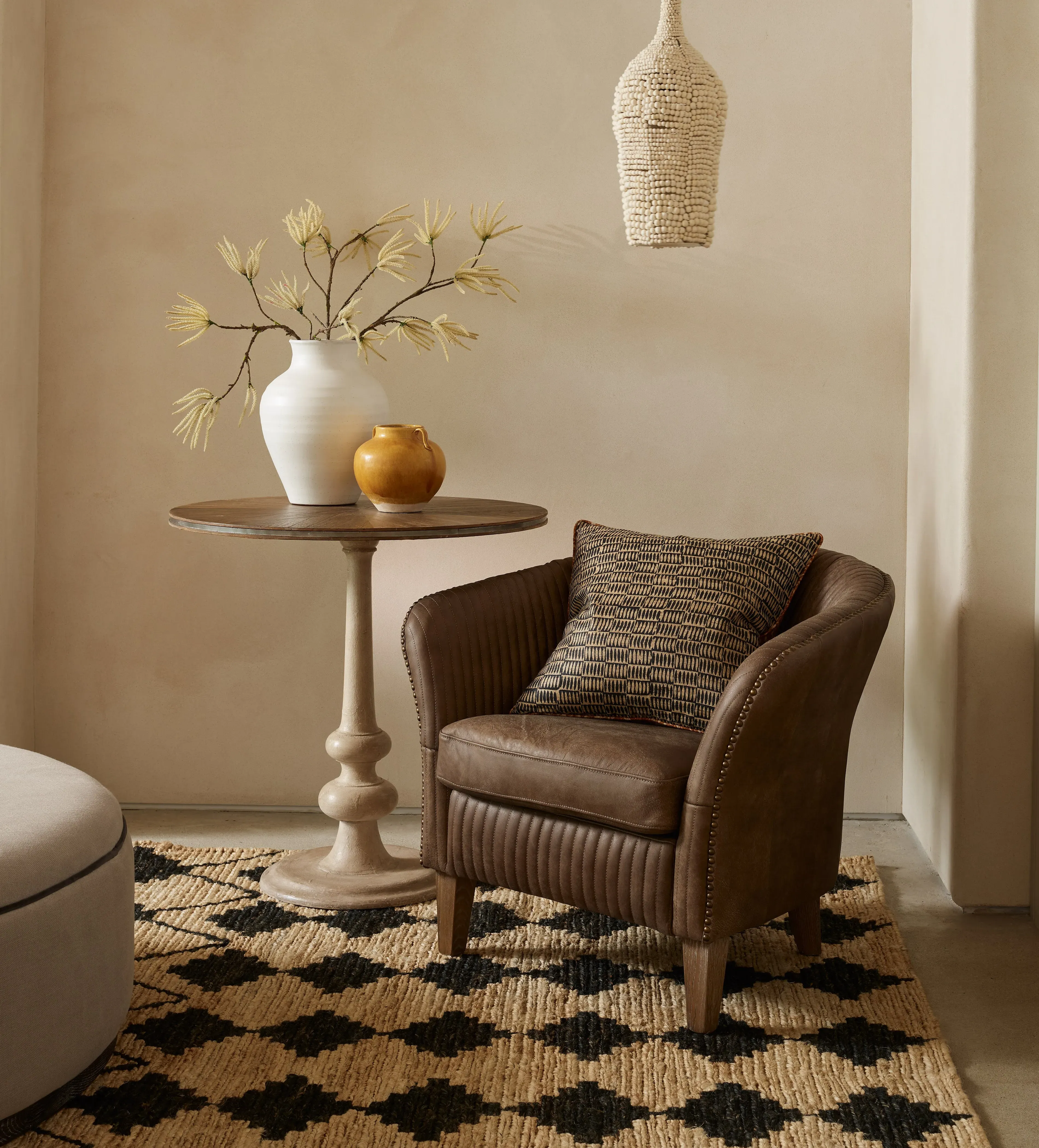 Leather Armchair with Studded Detail - Brown