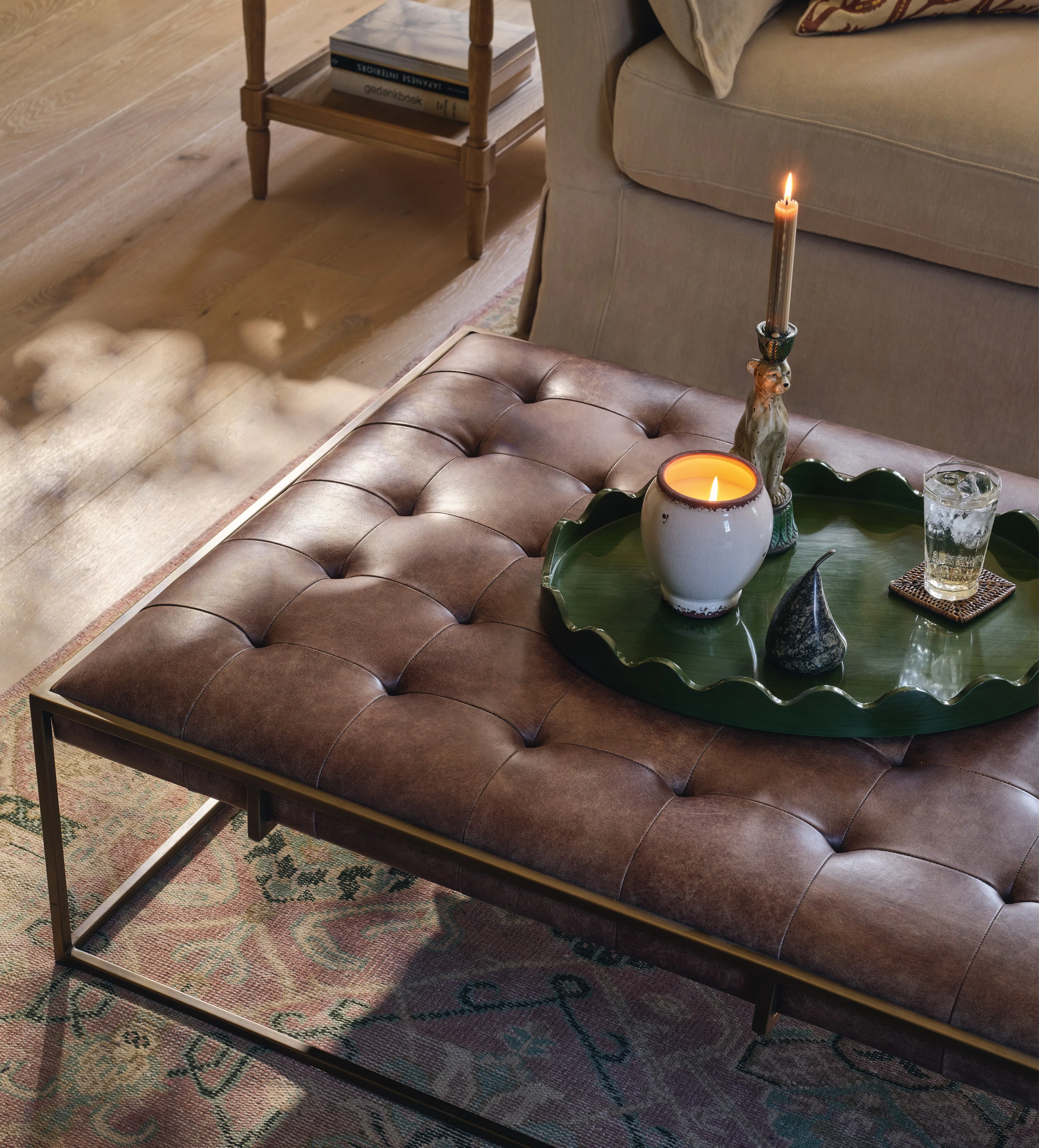 Ottoman with Brass Frame - Aged Hazelnut, Leather