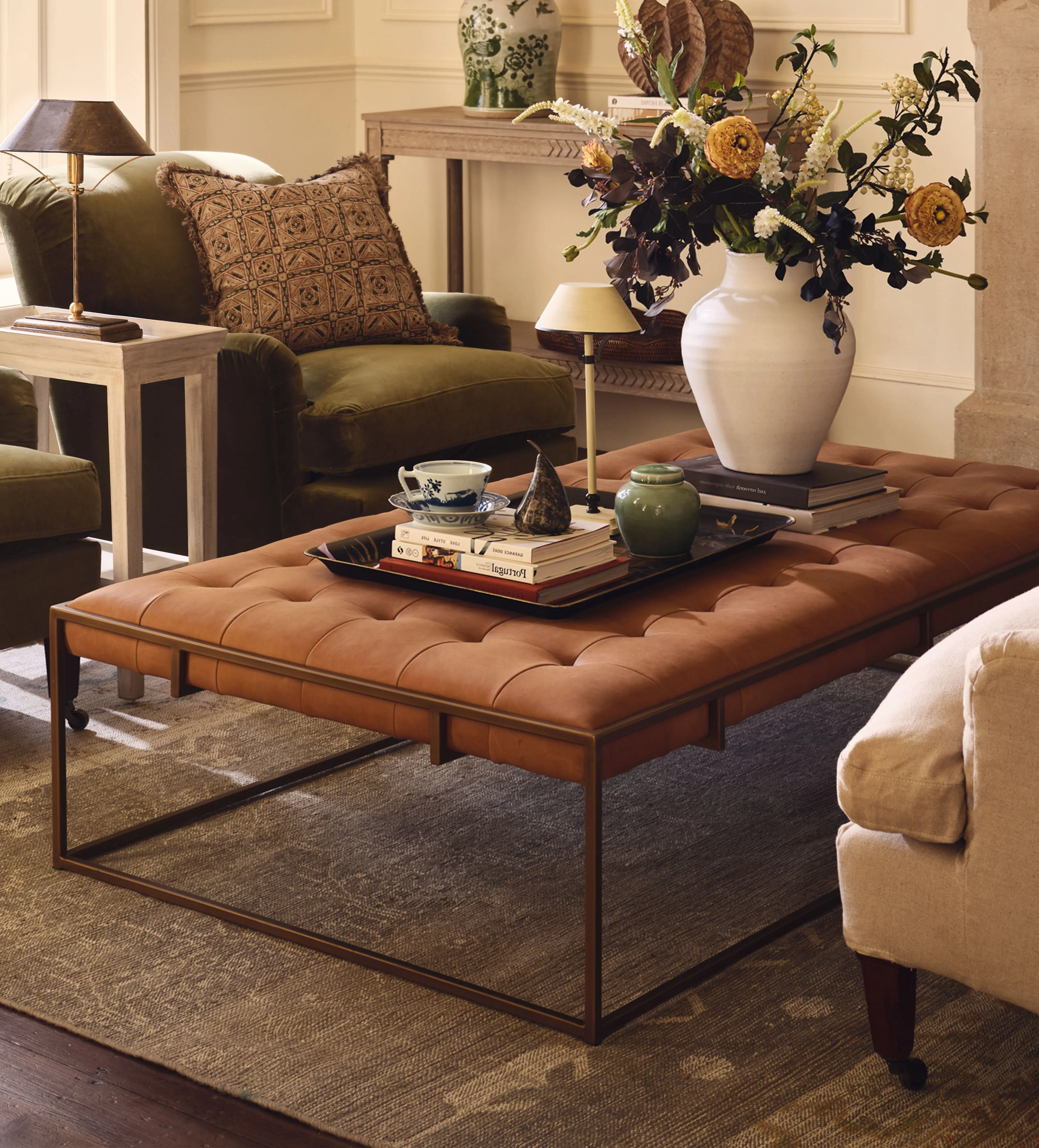 Ottoman with Brass Frame - Caramel, Leather