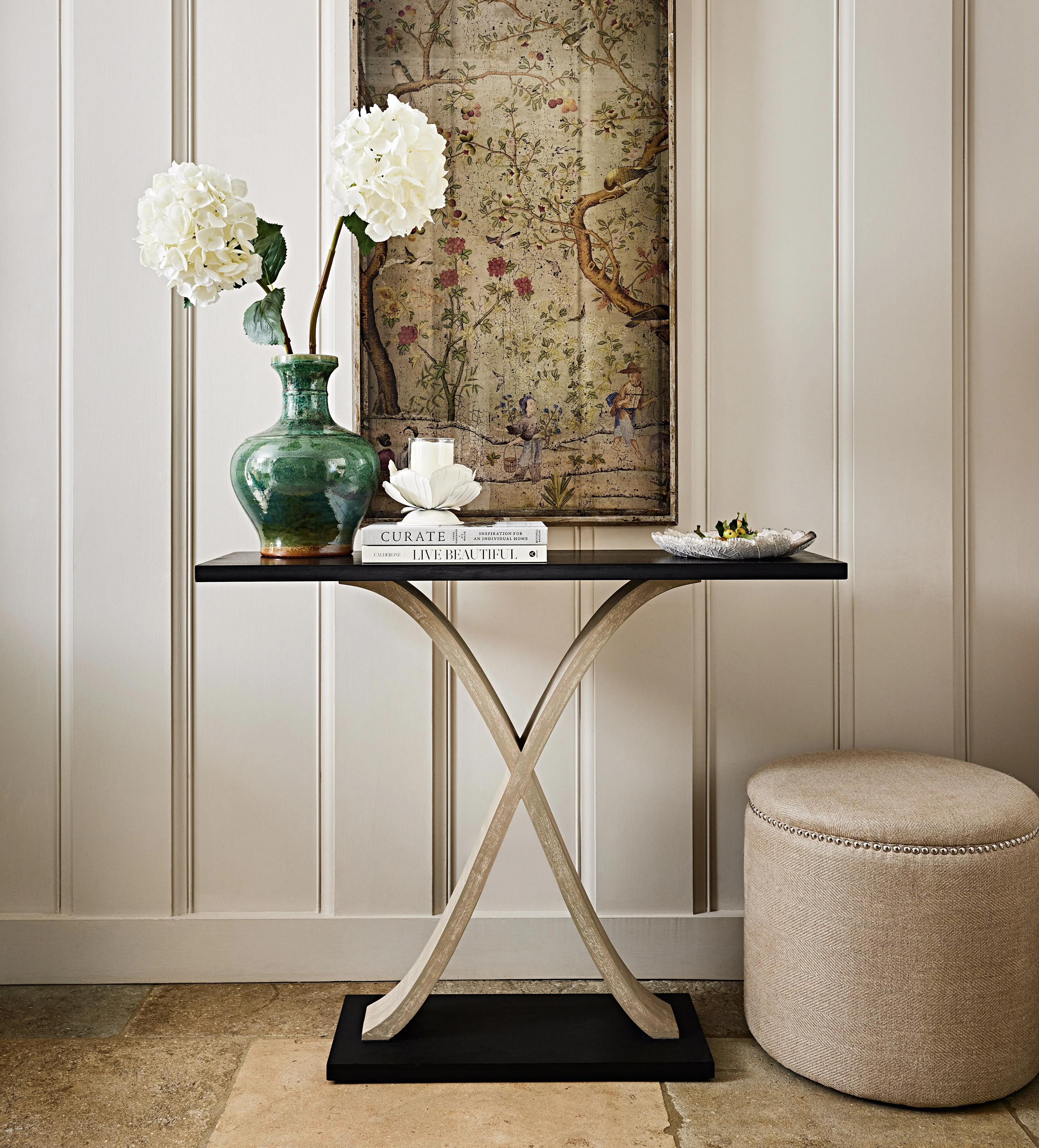 Ottoman with Studded Border - Wild Oats, Linen