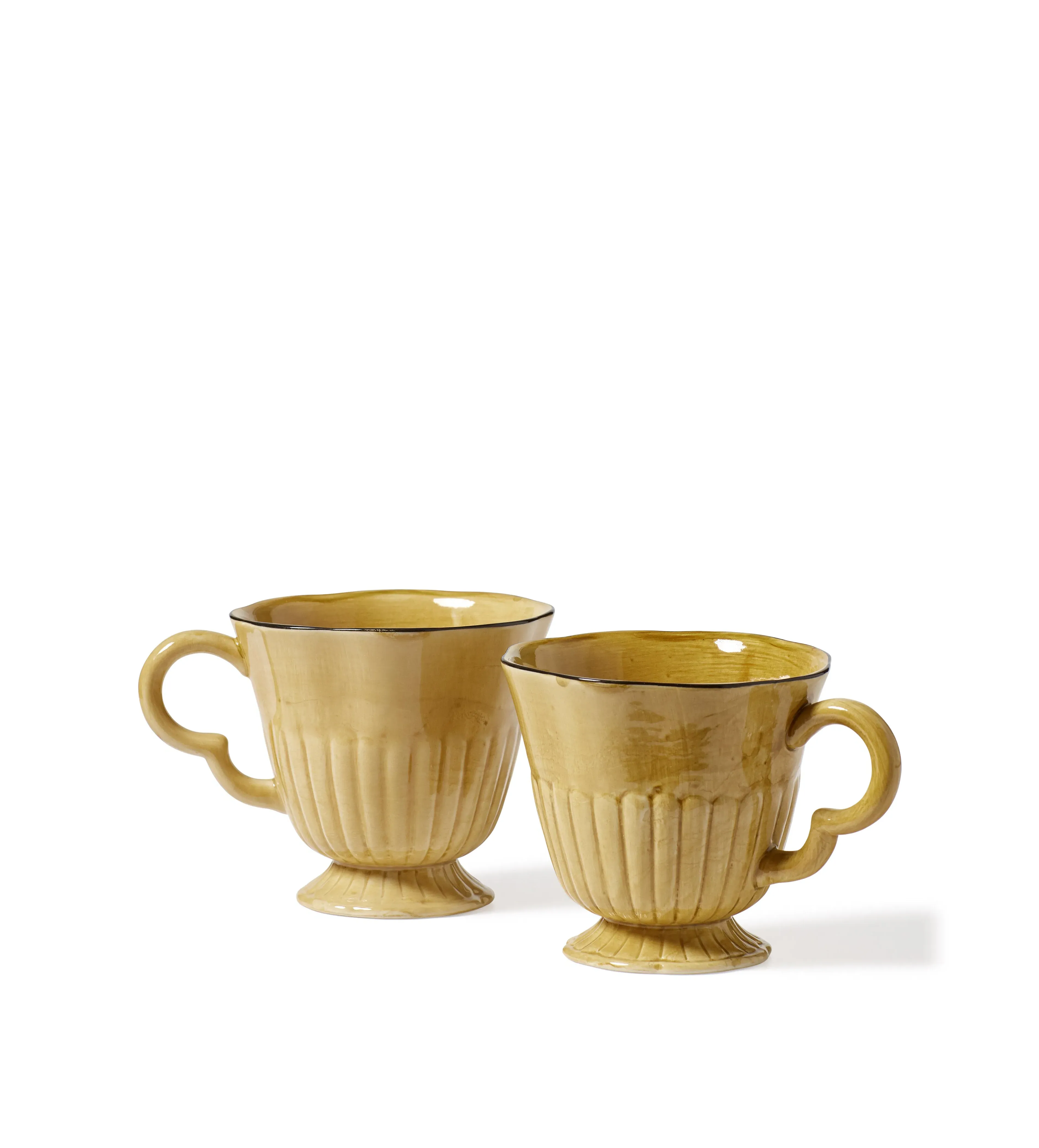Pair Ribbed Mugs with Dark Rim - Yellow, Clay