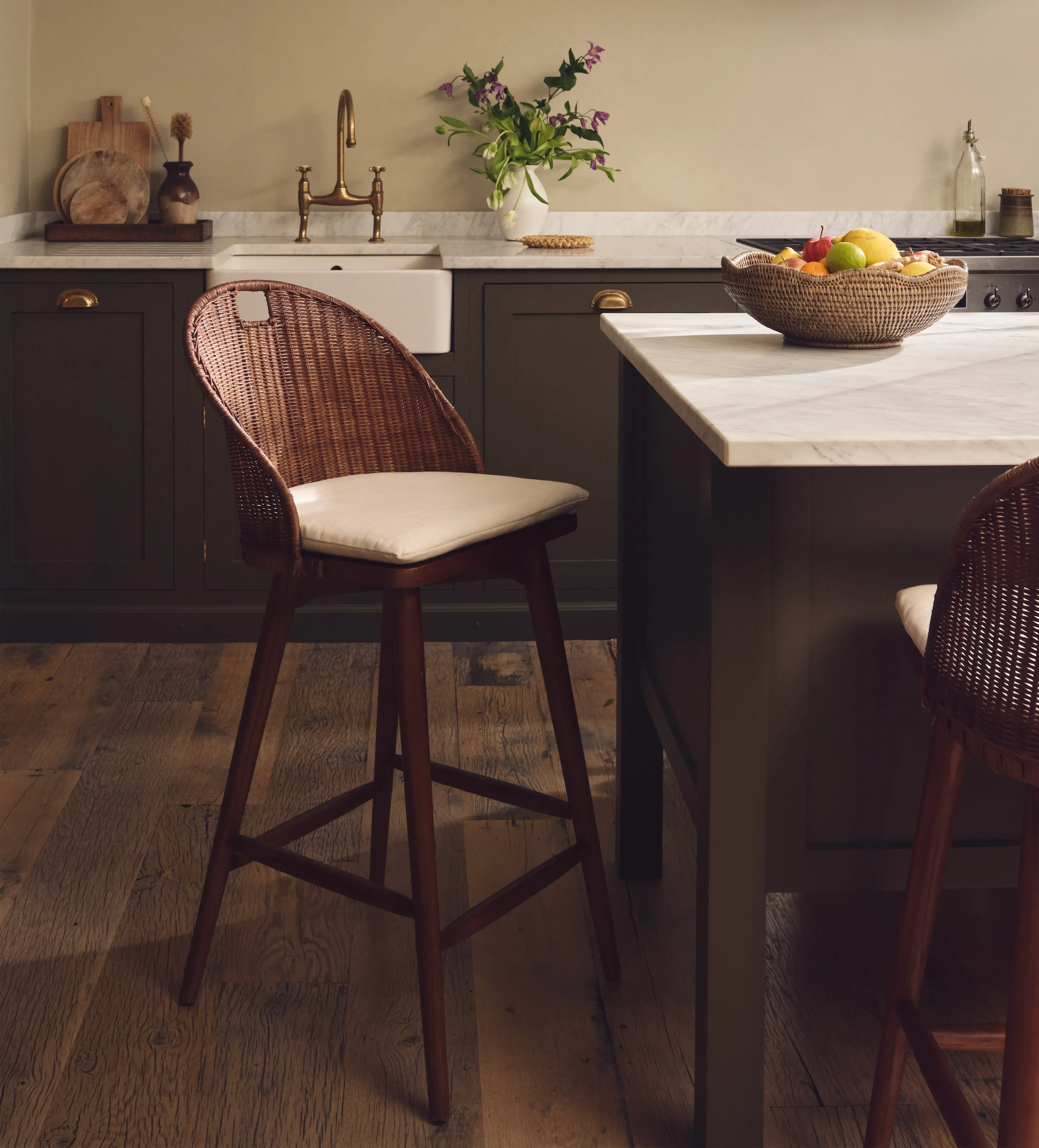 Rattan Bar Stool with Cushion - Chestnut, Wood
