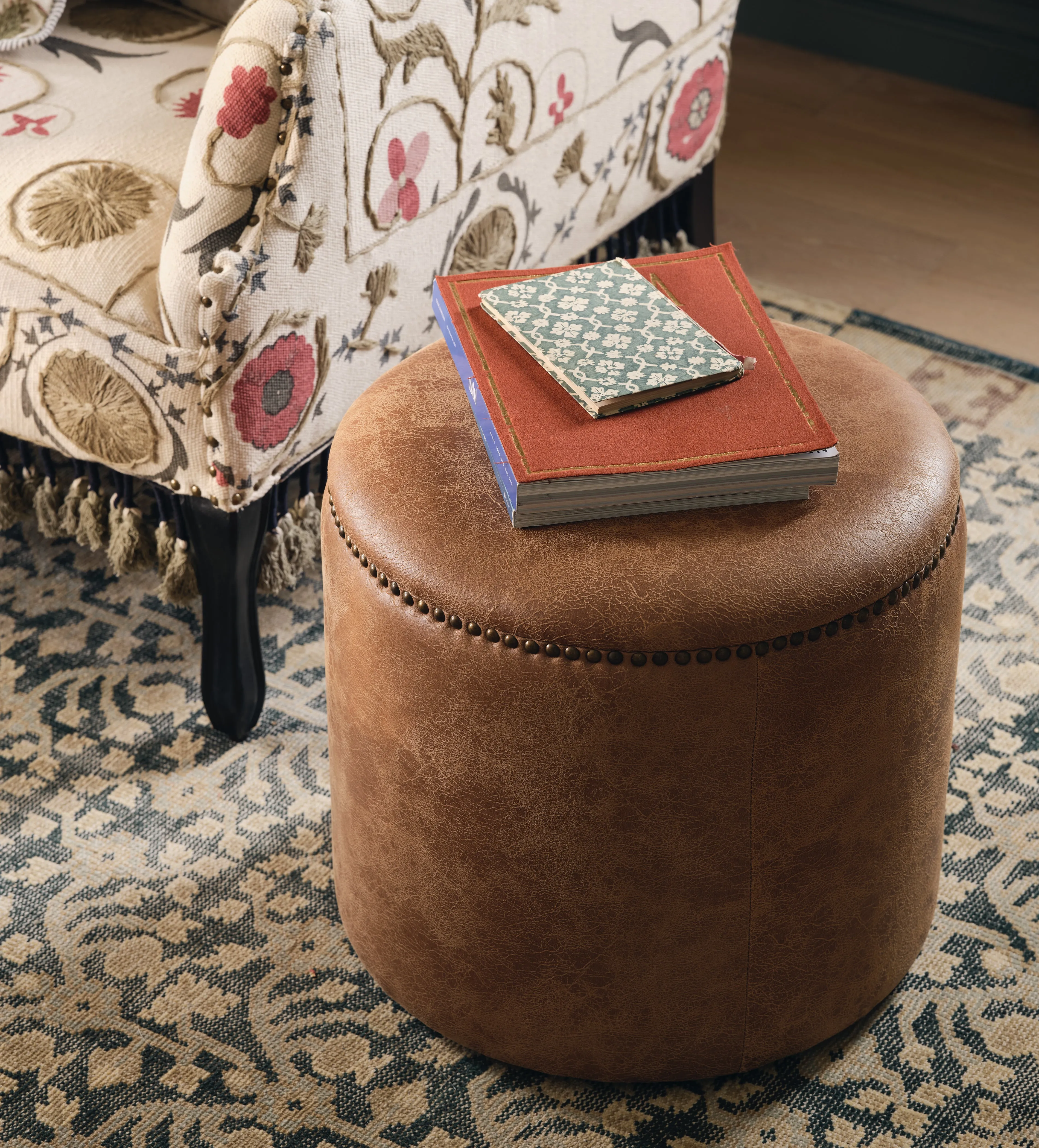 Round Ottoman with Studs - Aged Tobacco, Leather