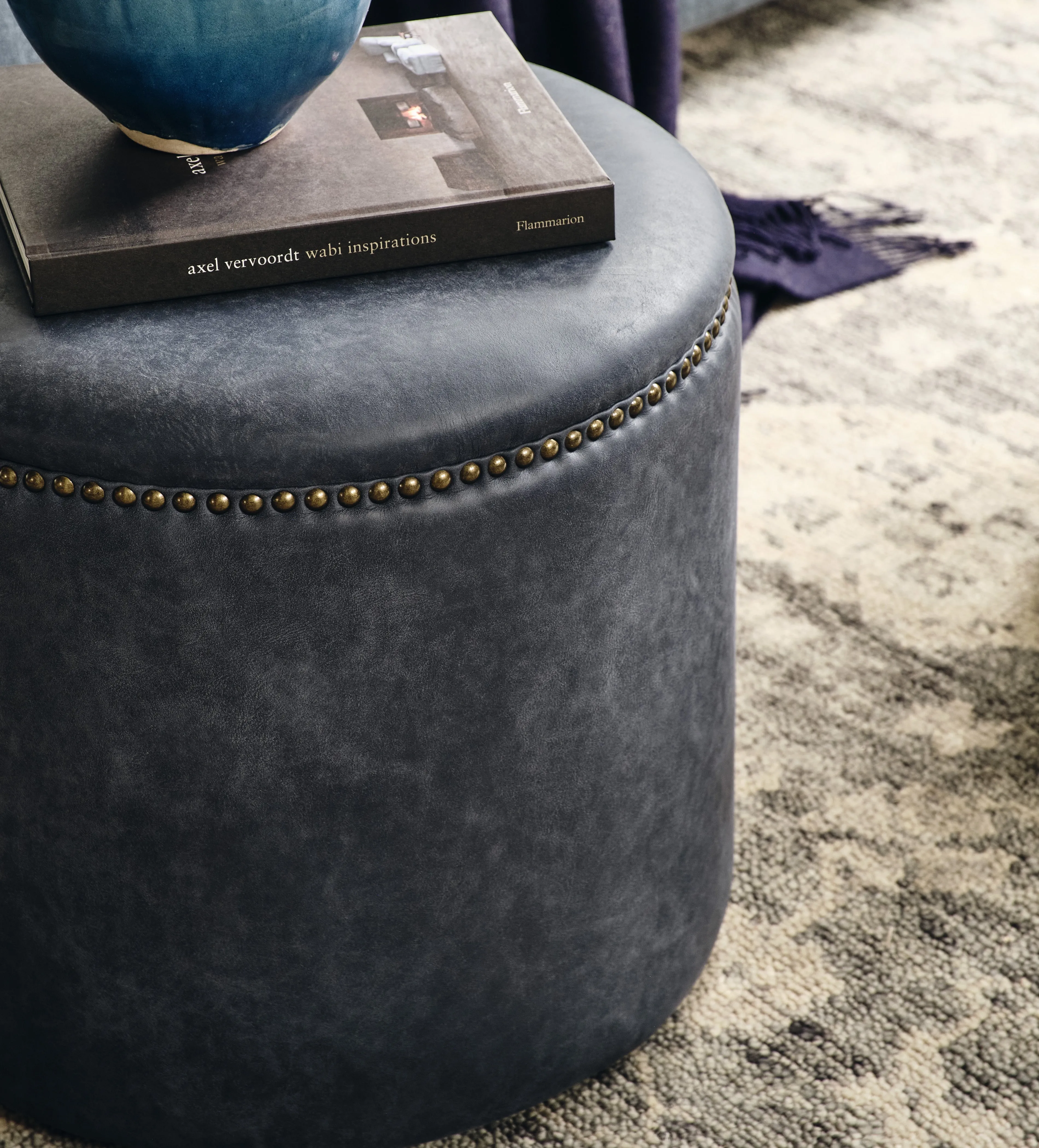 Round Ottoman with Studs - Smoke Blue, Leather