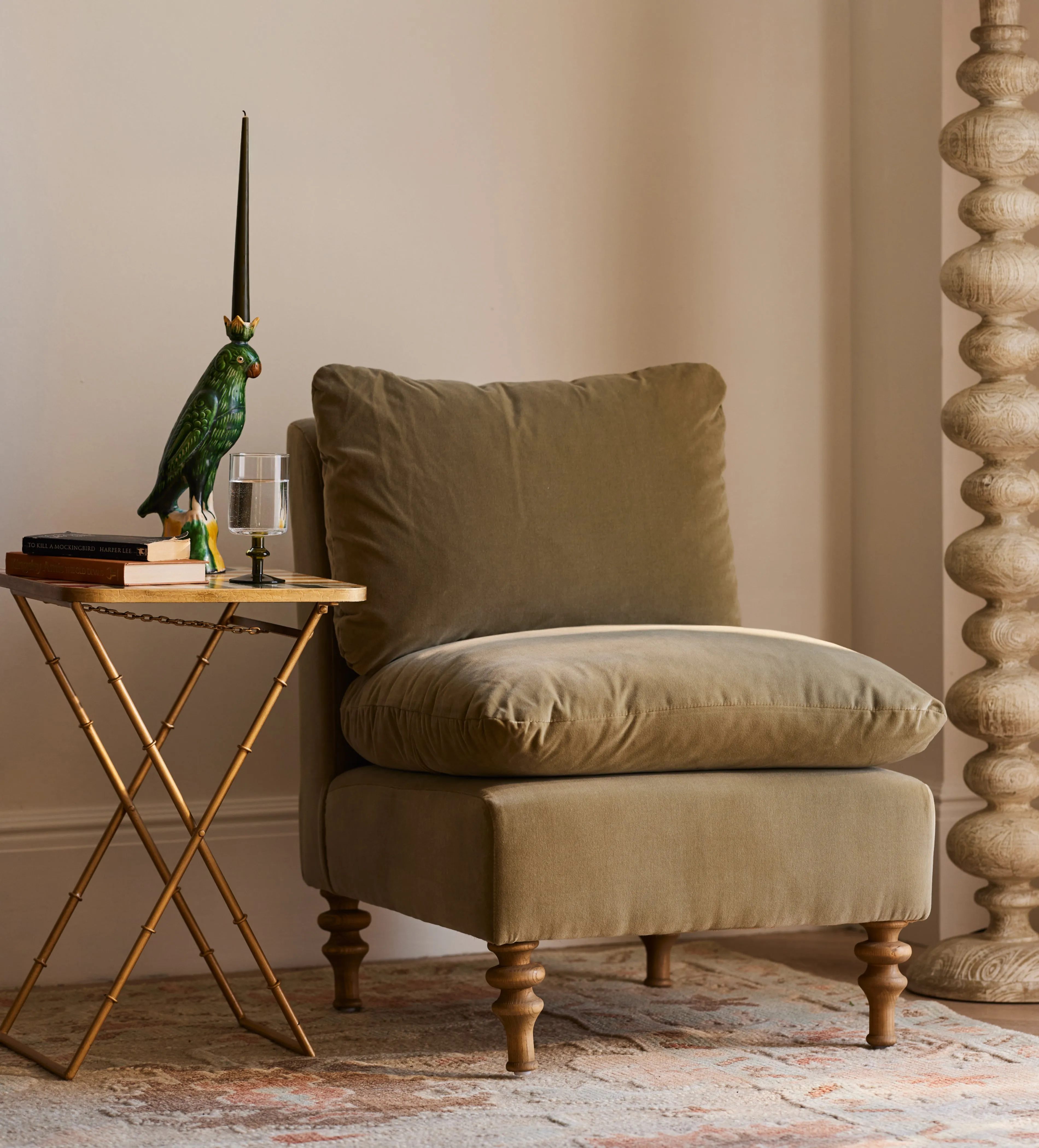 Slipper Chair with Removable Covers - Green, Velvet