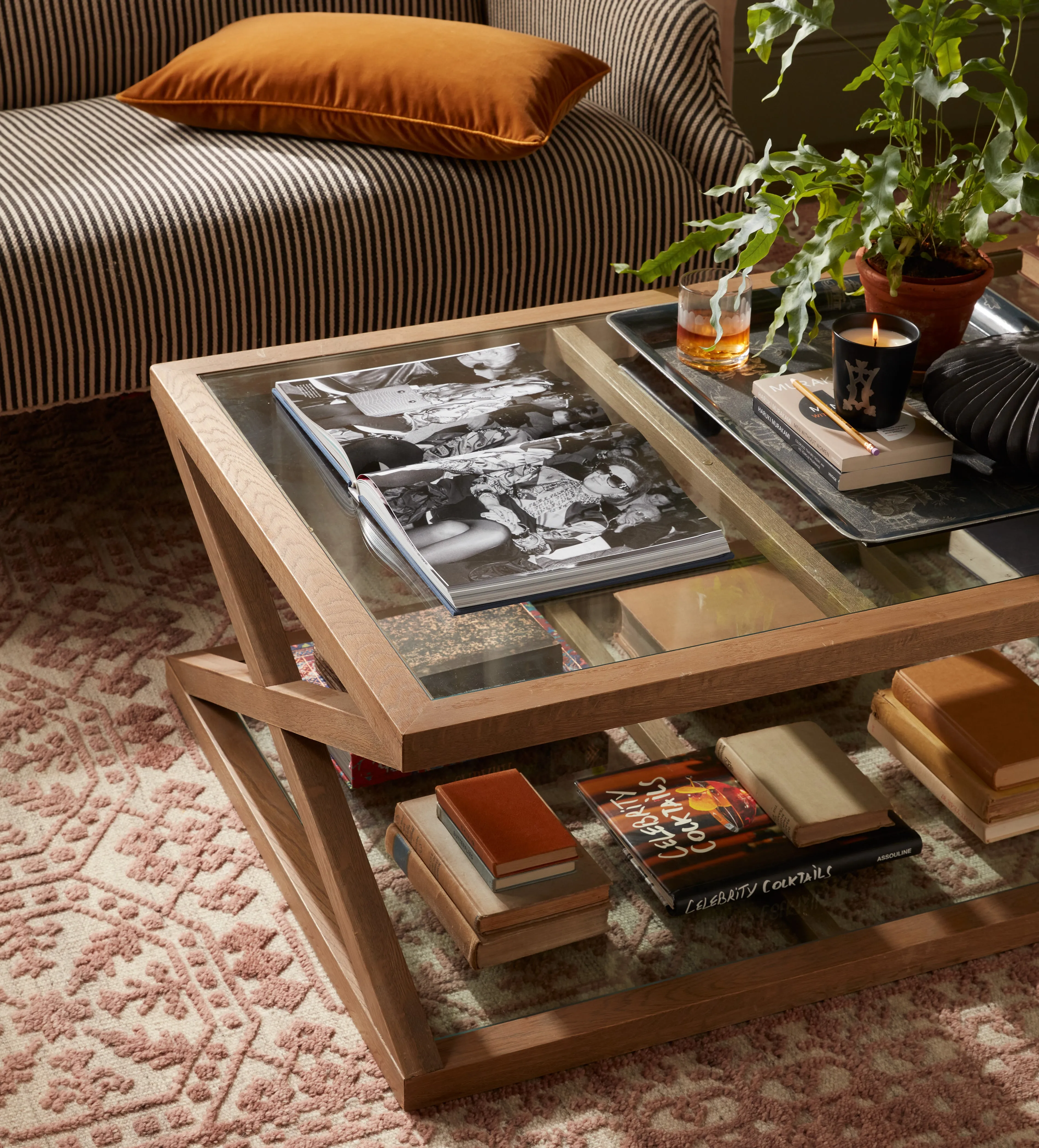 Small Coffee Table with Glass Top - Oak, Solid Wood