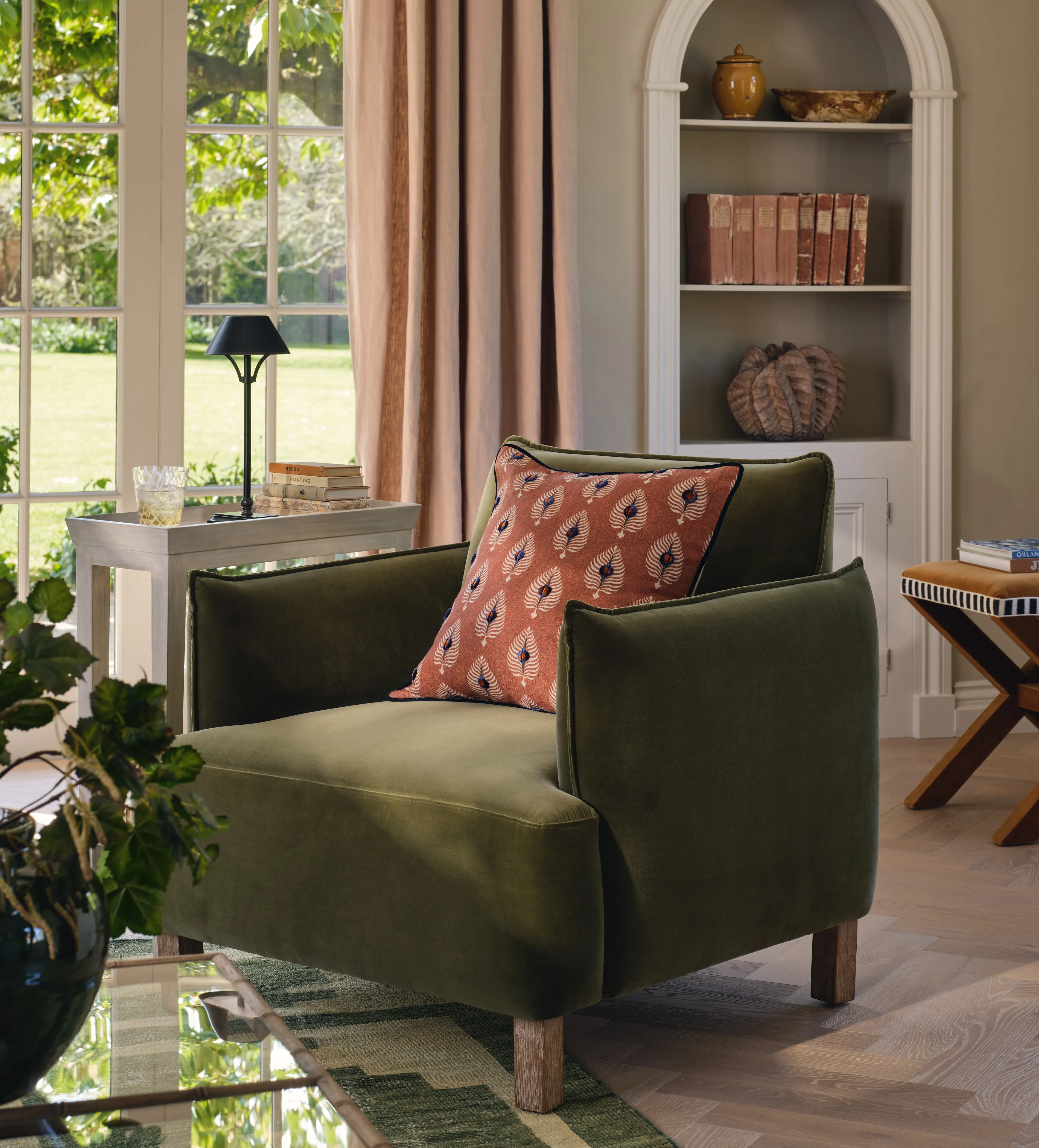 Square Armchair with Piping - Green, Velvet