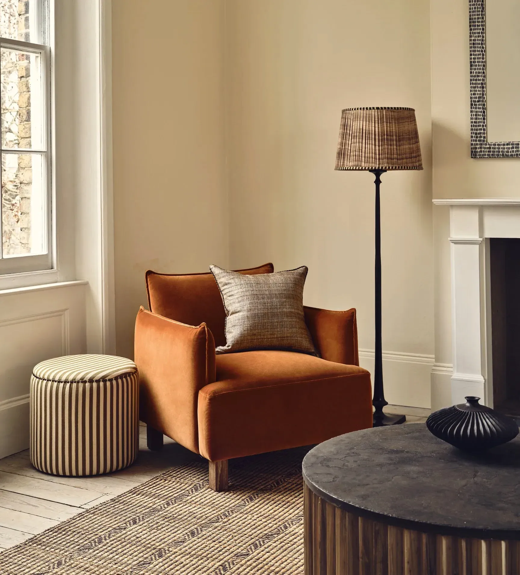Square Armchair with Piping - Orange, Velvet