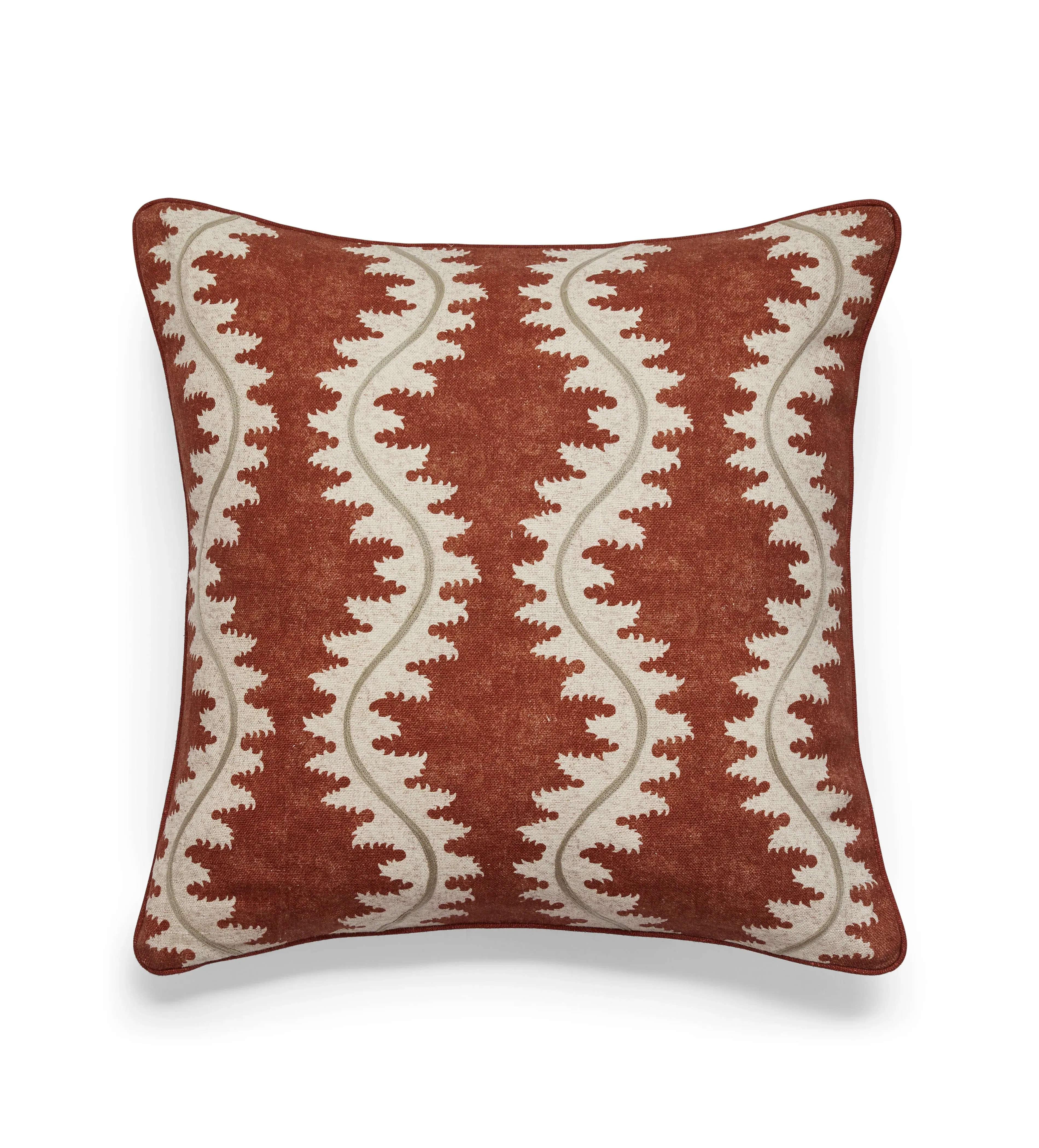 Square Cushion Cover with Chain Stitch - Red, Linen