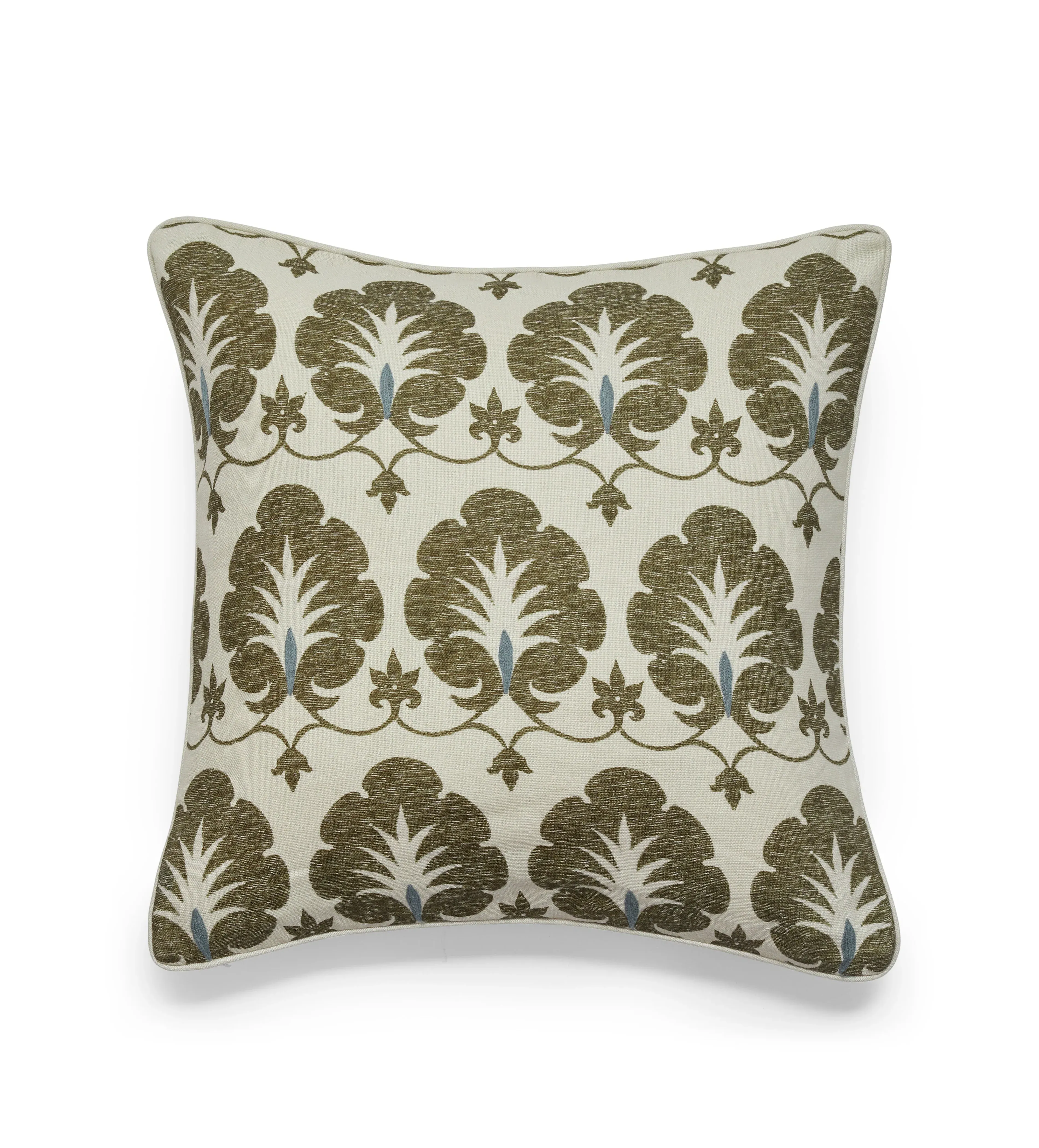 Square Cushion Cover with Damask - Olive, Linen