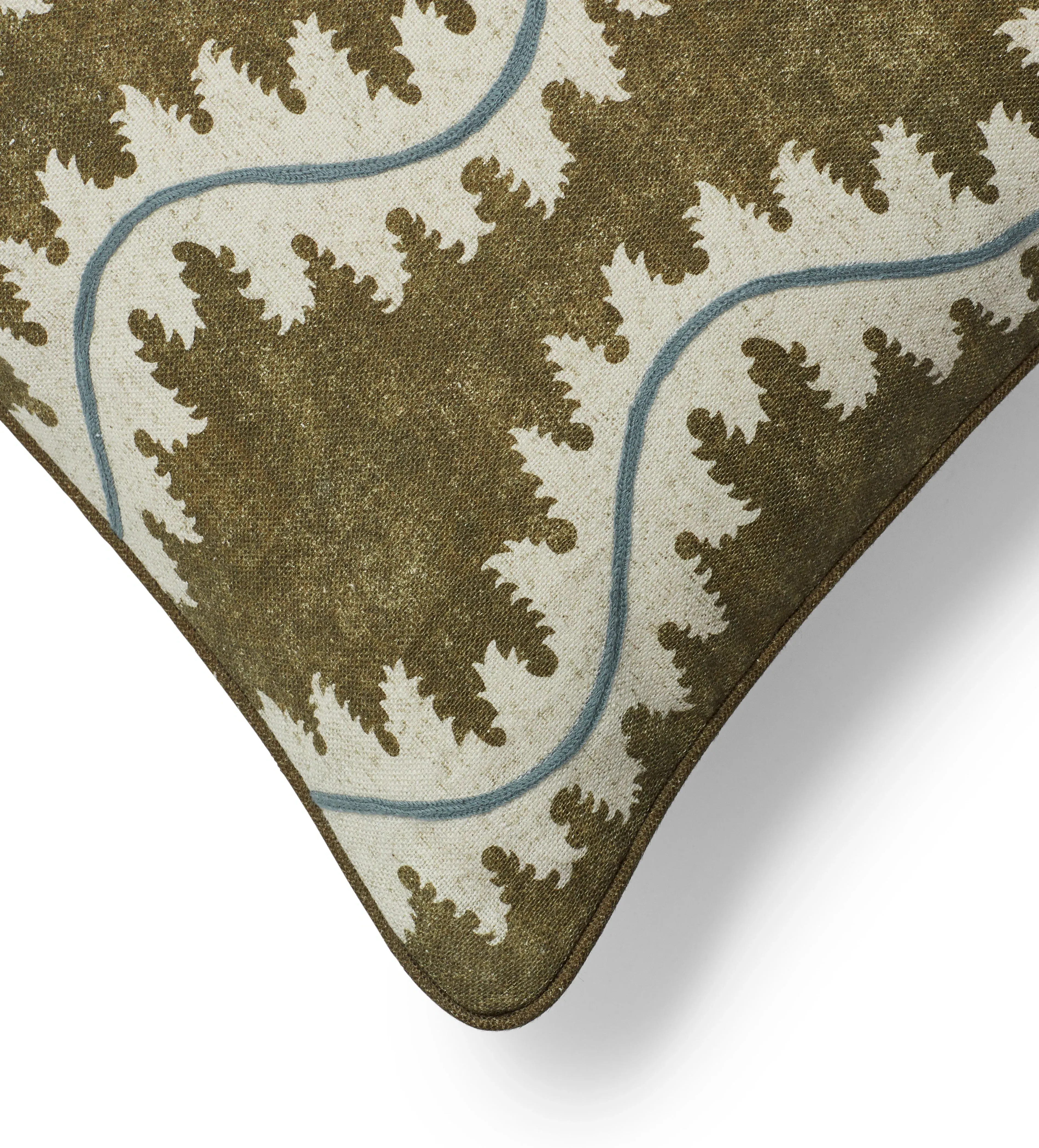Square Cushion Cover with Embroidery - Olive, Linen