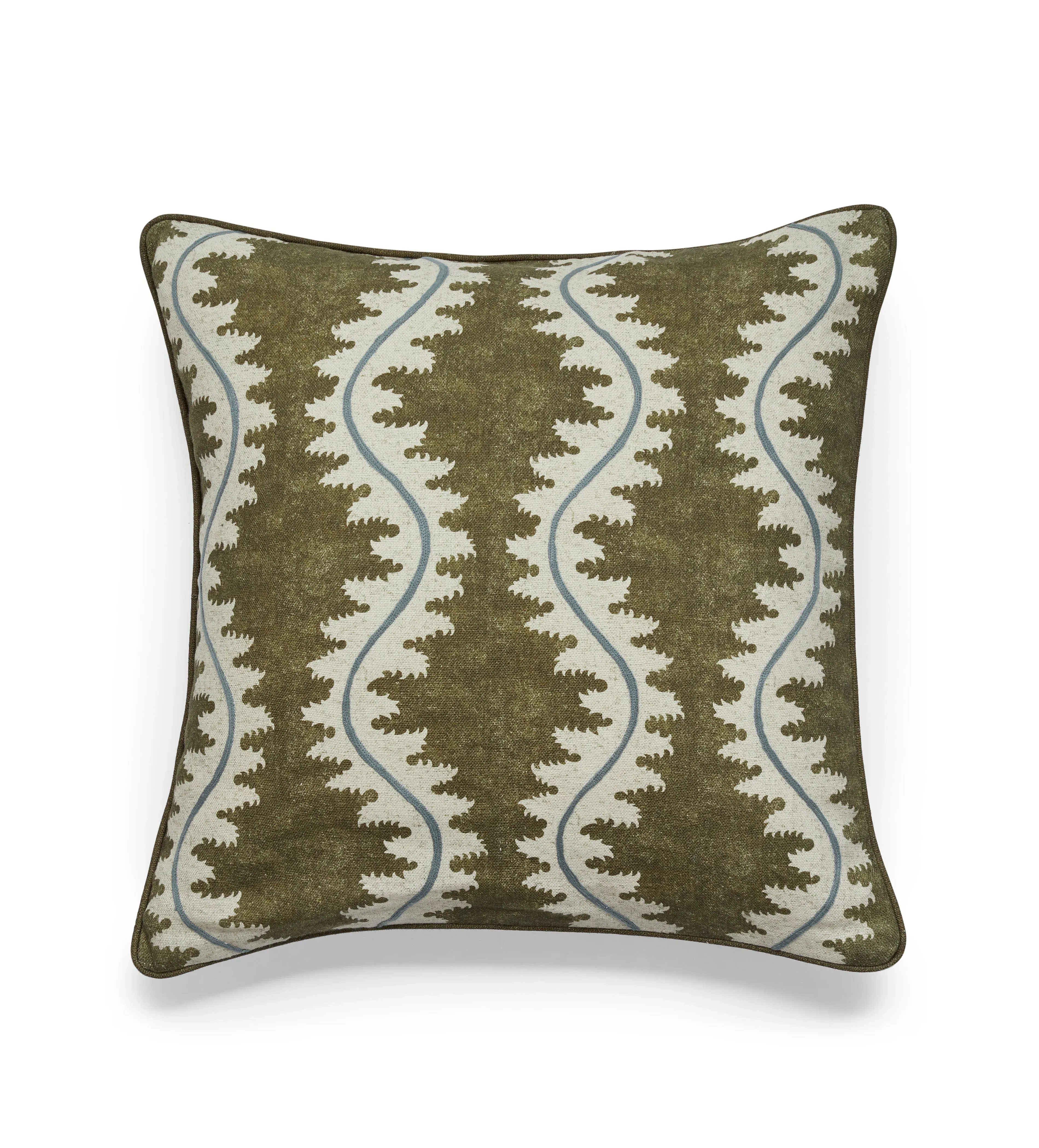 Square Cushion Cover with Embroidery - Olive, Linen