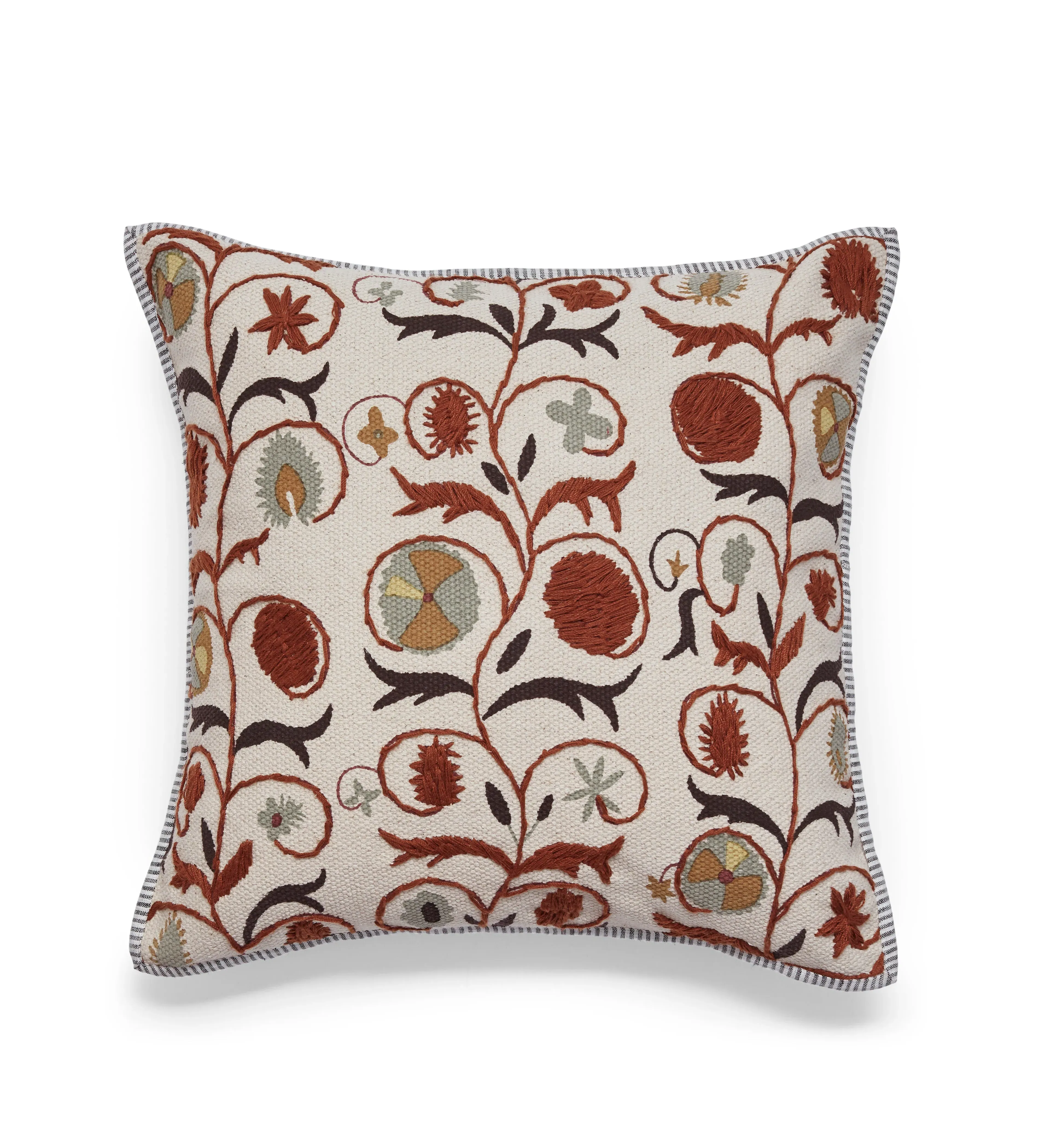 Square Cushion Cover with Embroidery - Red, Cotton