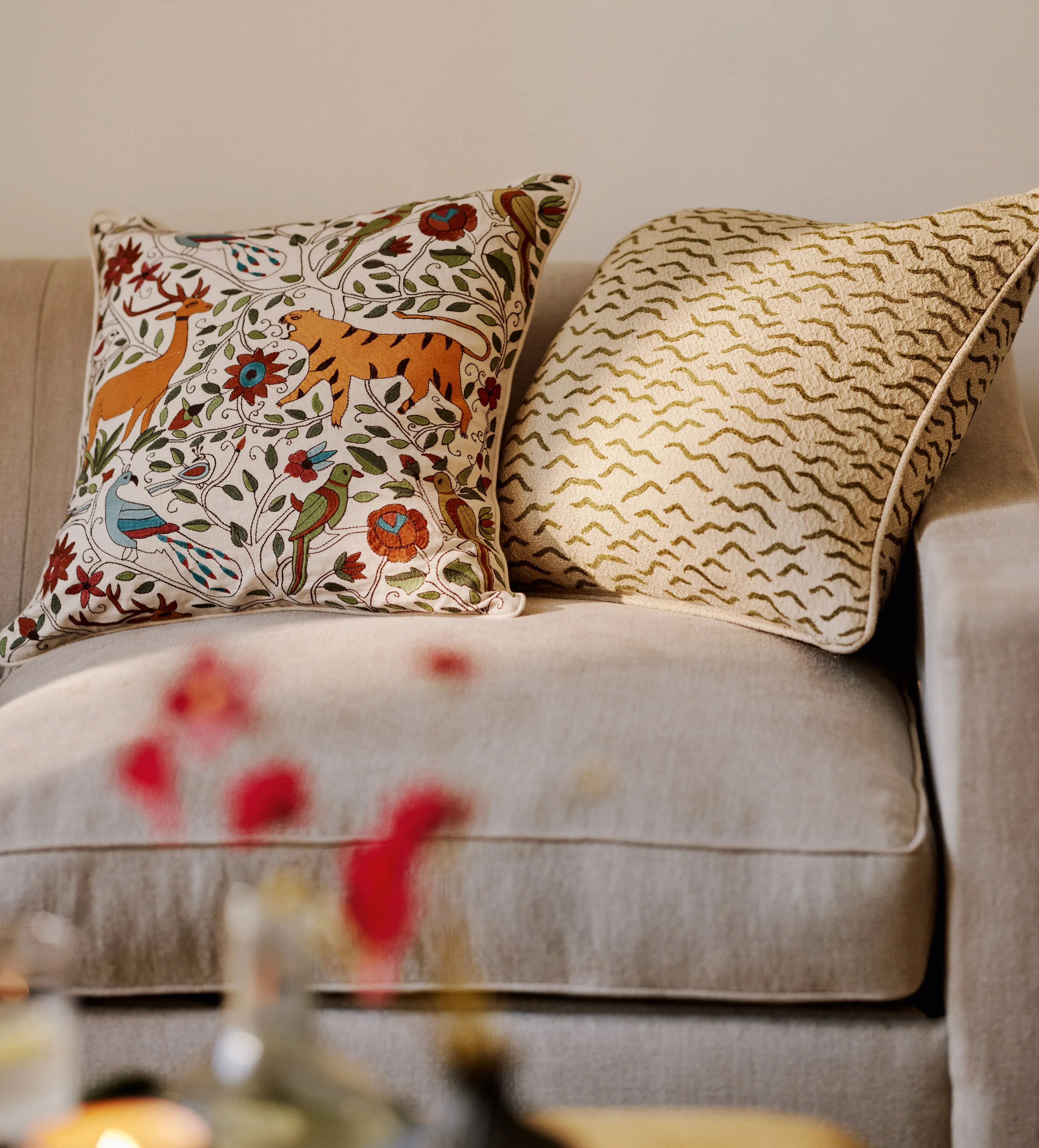 Square Cushion Cover with Embroidery - Stone
