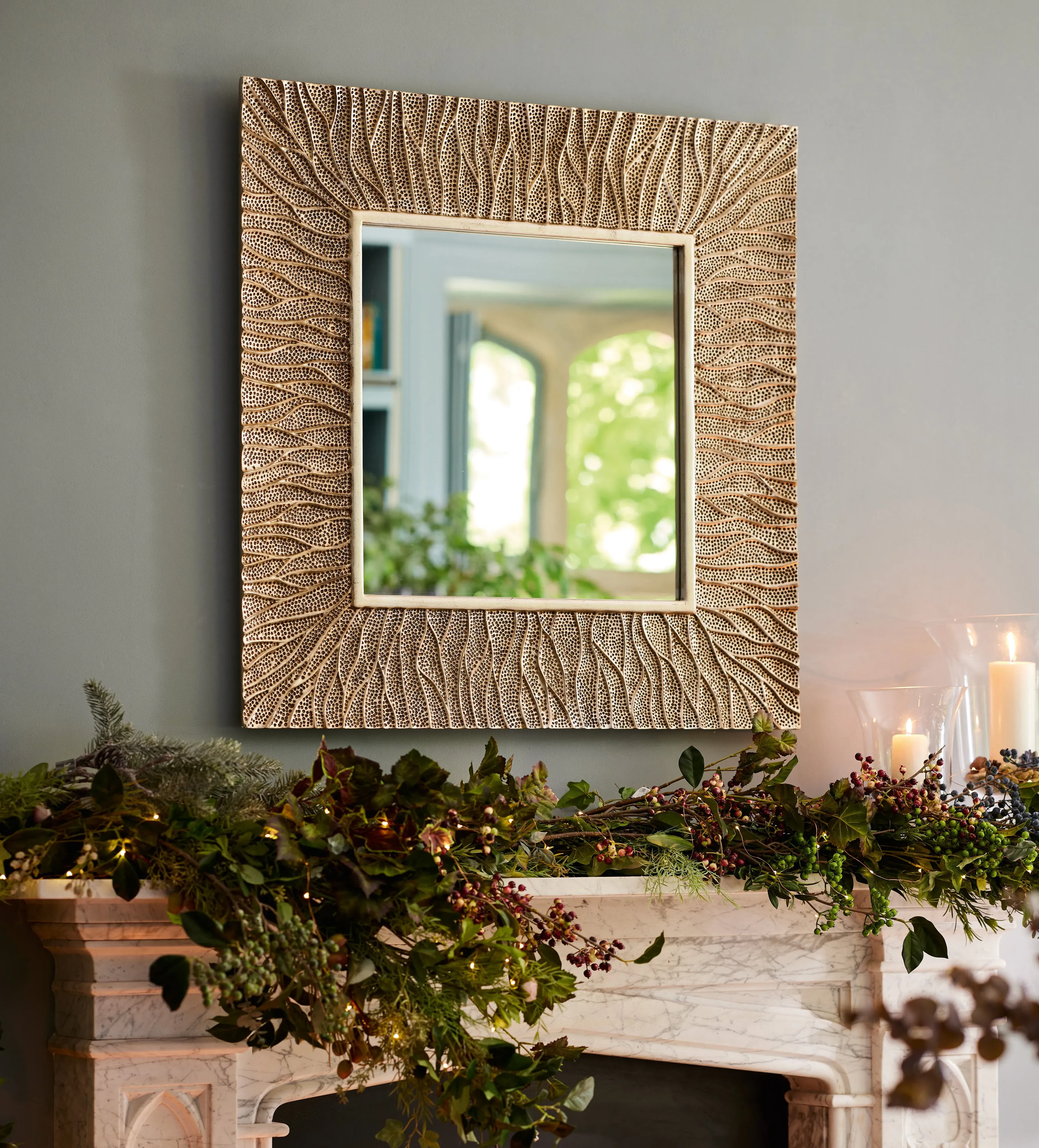 Square Wall Mirror with Carved Frame - Gold