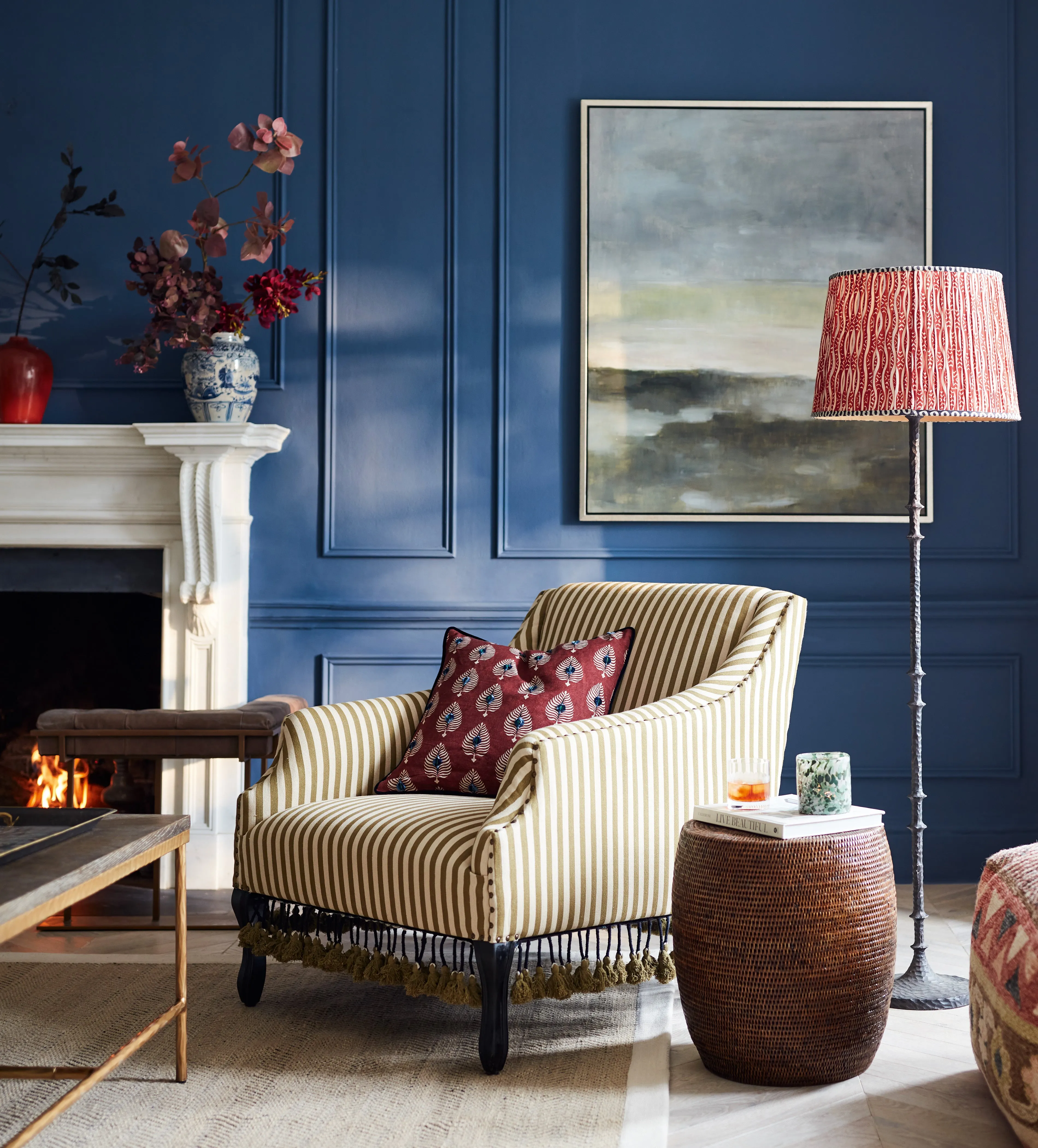 Striped Armchair with Tassels - Olive, Cotton