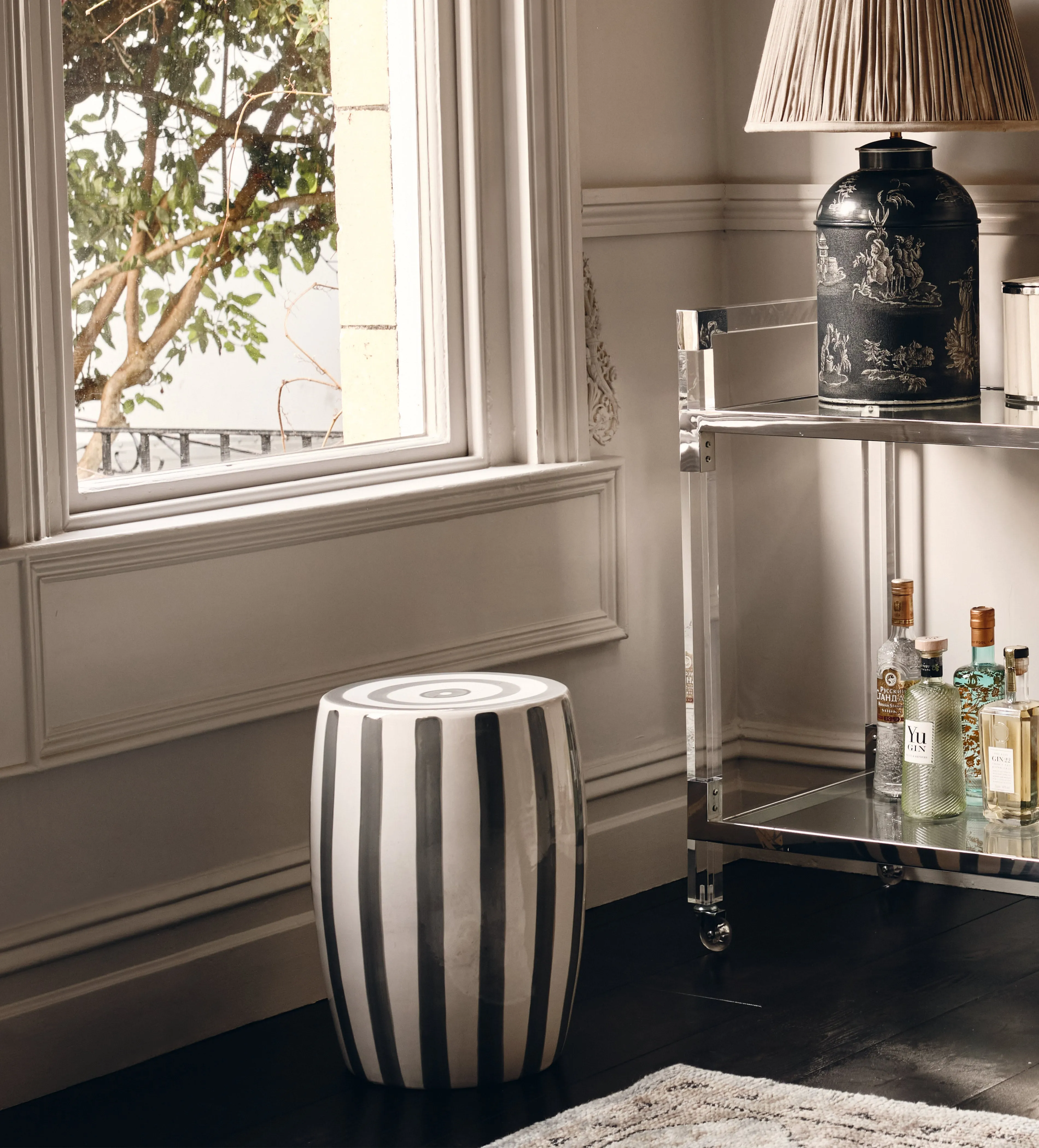 Striped Ceramic Stool - Charcoal, White