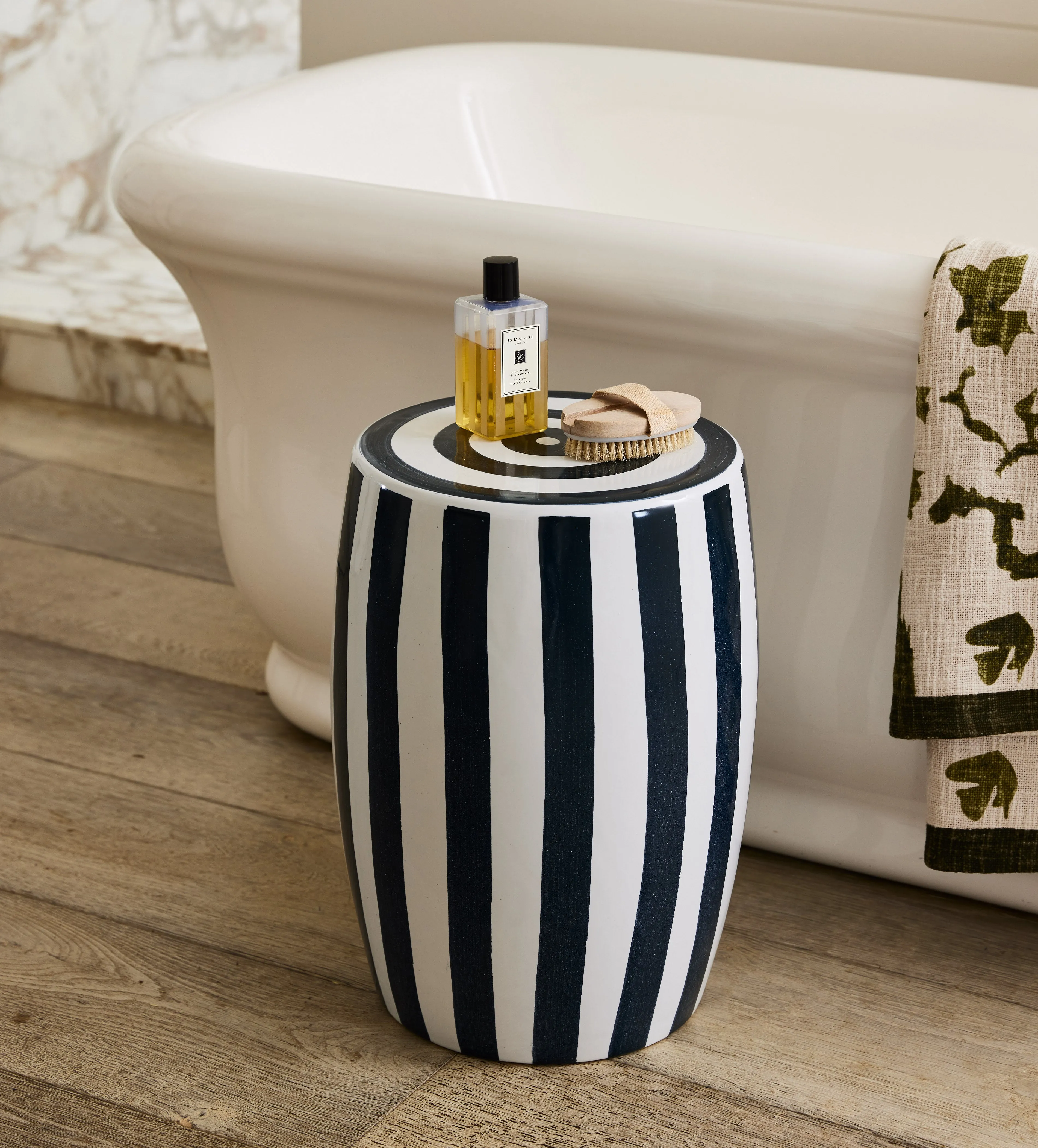 Striped Ceramic Stool - Sapphire, White