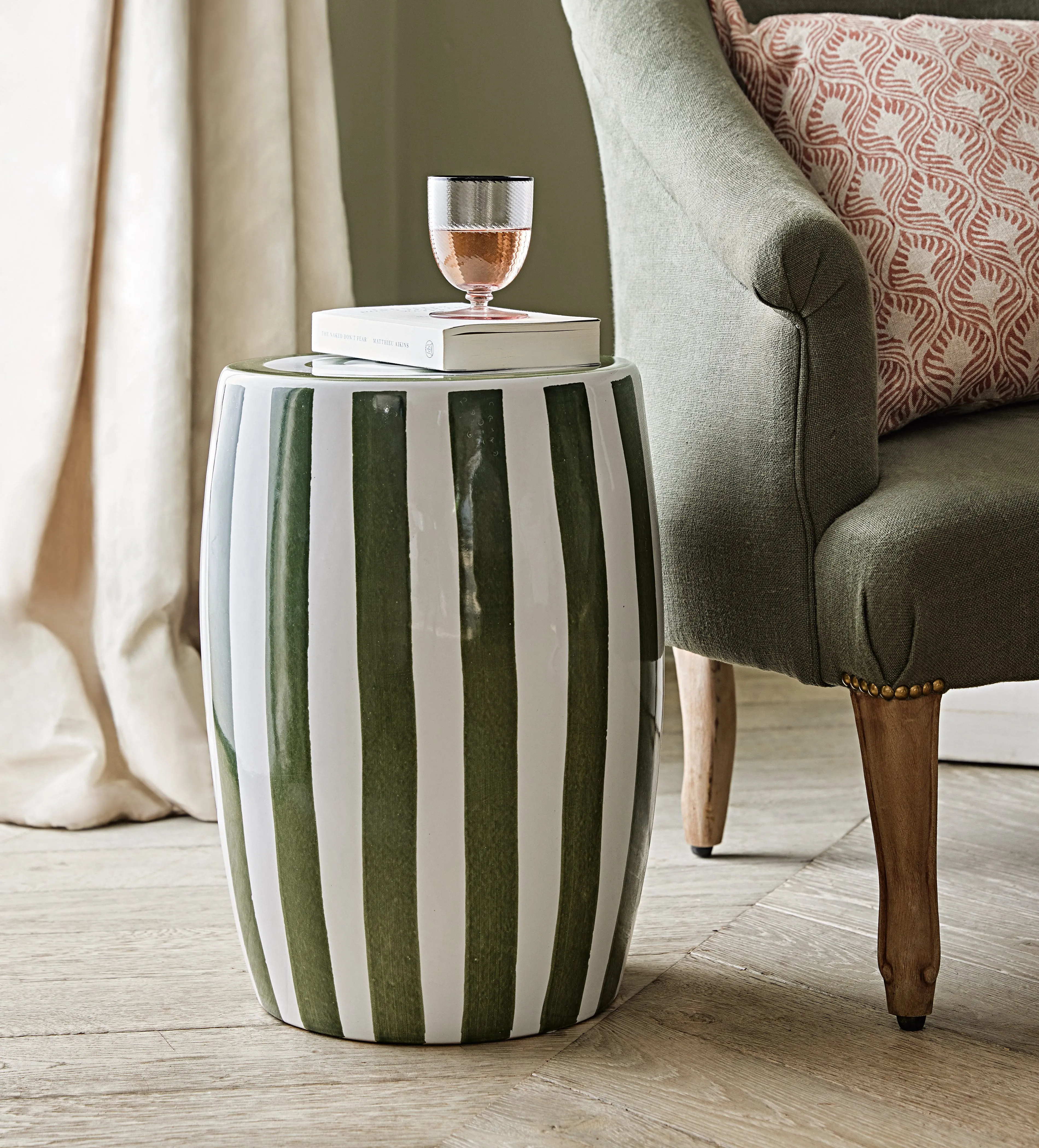 Striped Ceramic Stool - Spruce, White