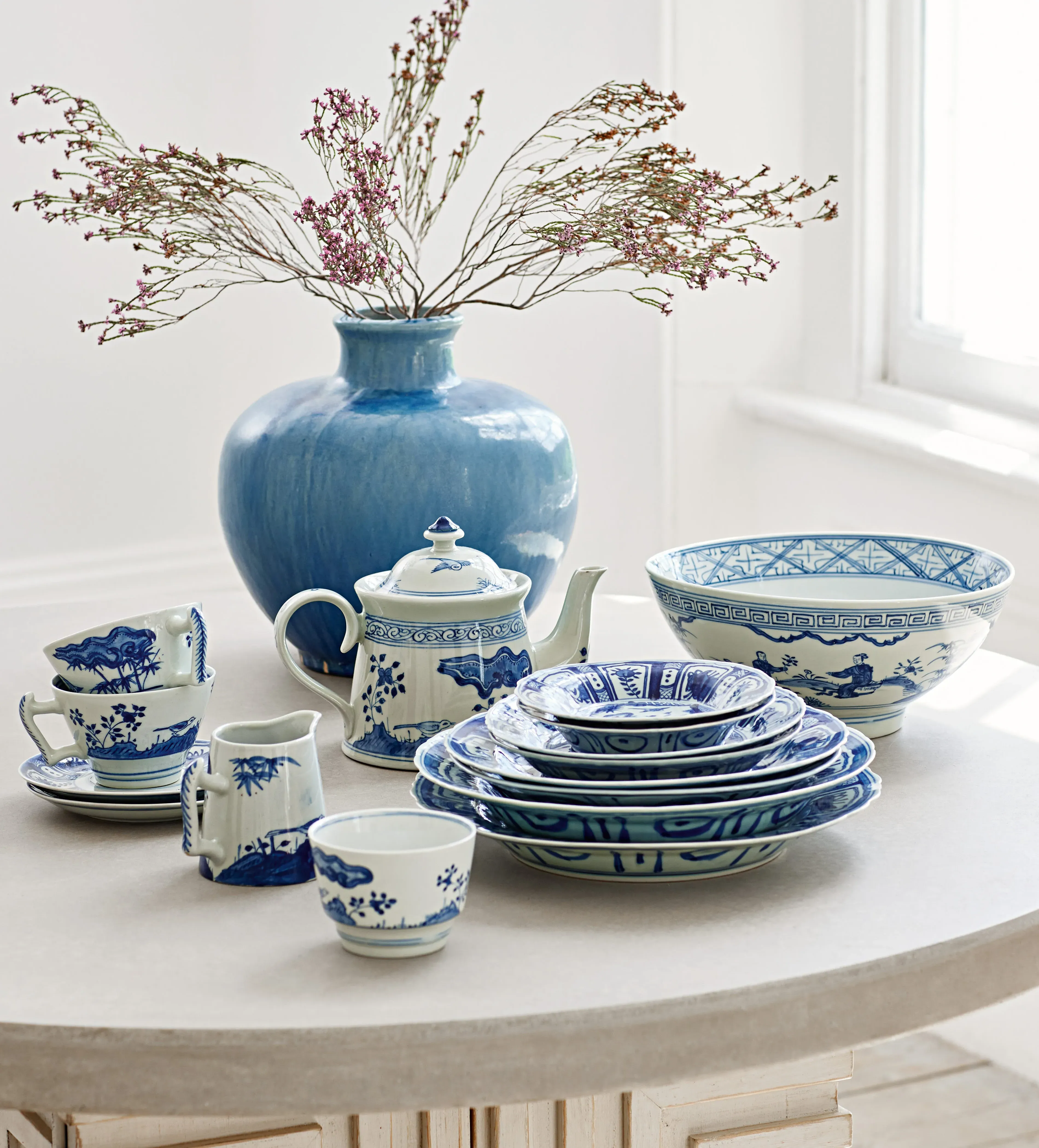 Sugar Bowl with Hand-Painted Design - Blue, Ceramic