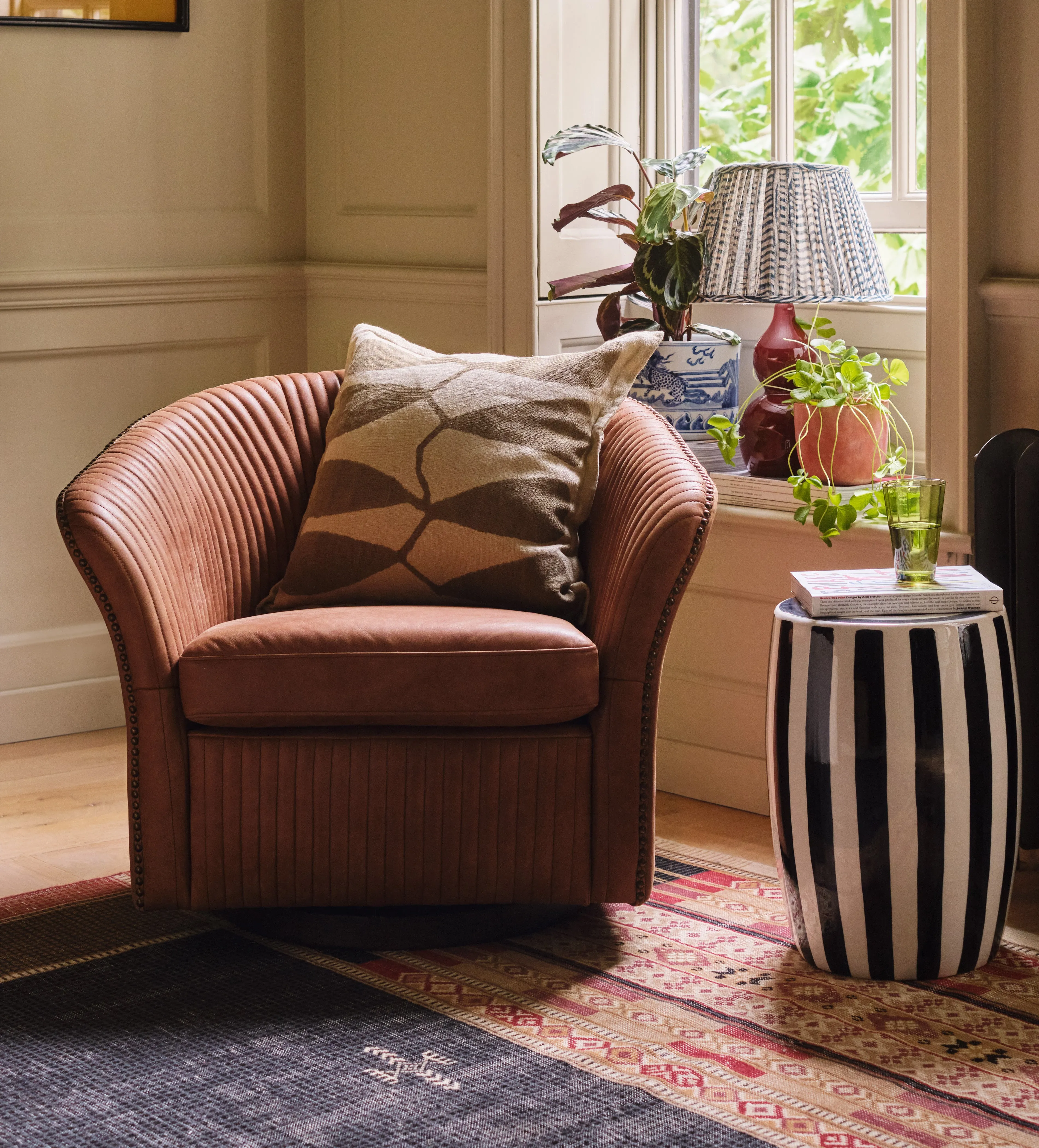 Swivel Armchair with Studded Detail - Brown