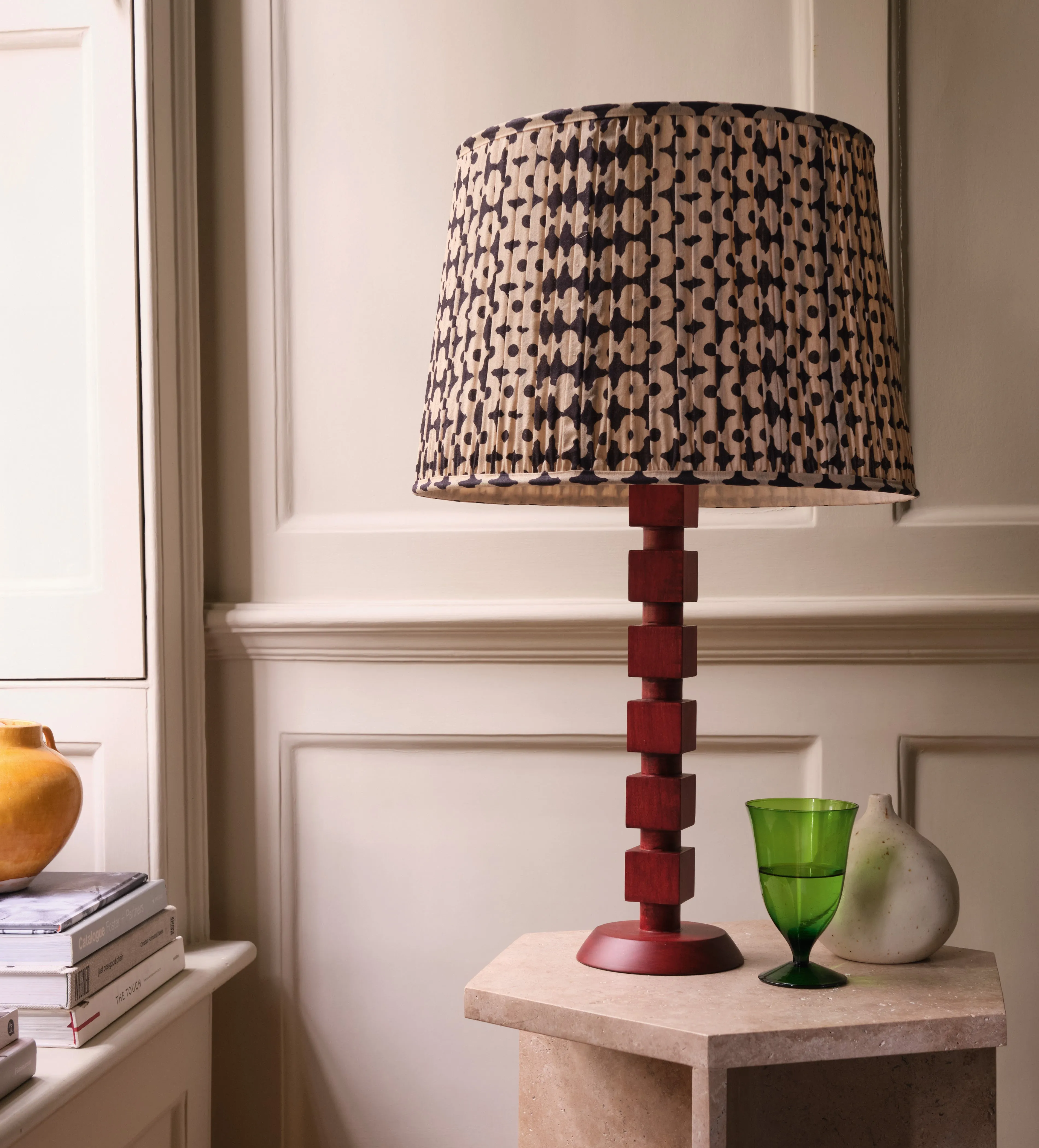 Table Lamp with Carved Base - Red, Mango Wood