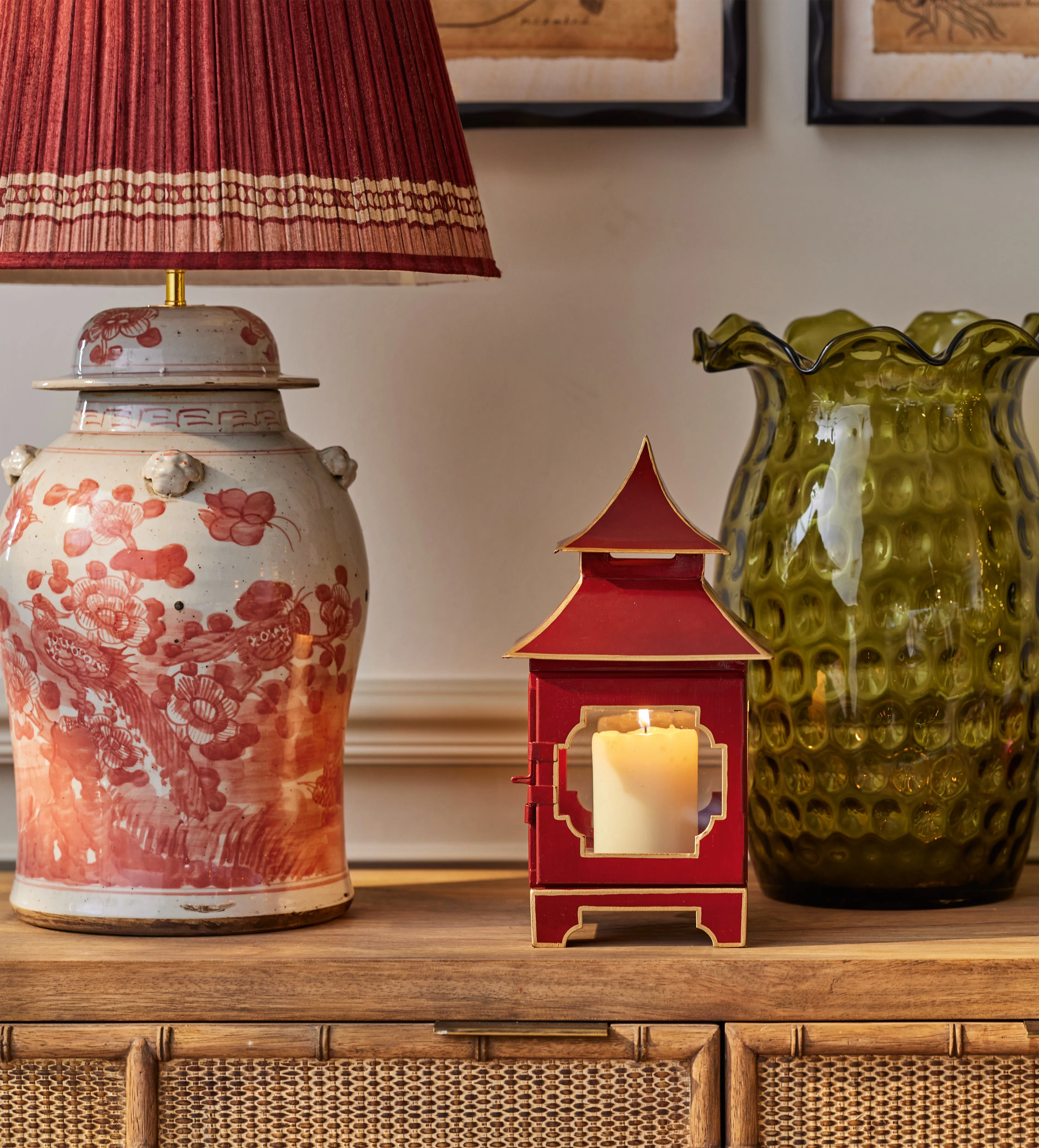 Table Lantern with Pitched Roof - Red, Metal
