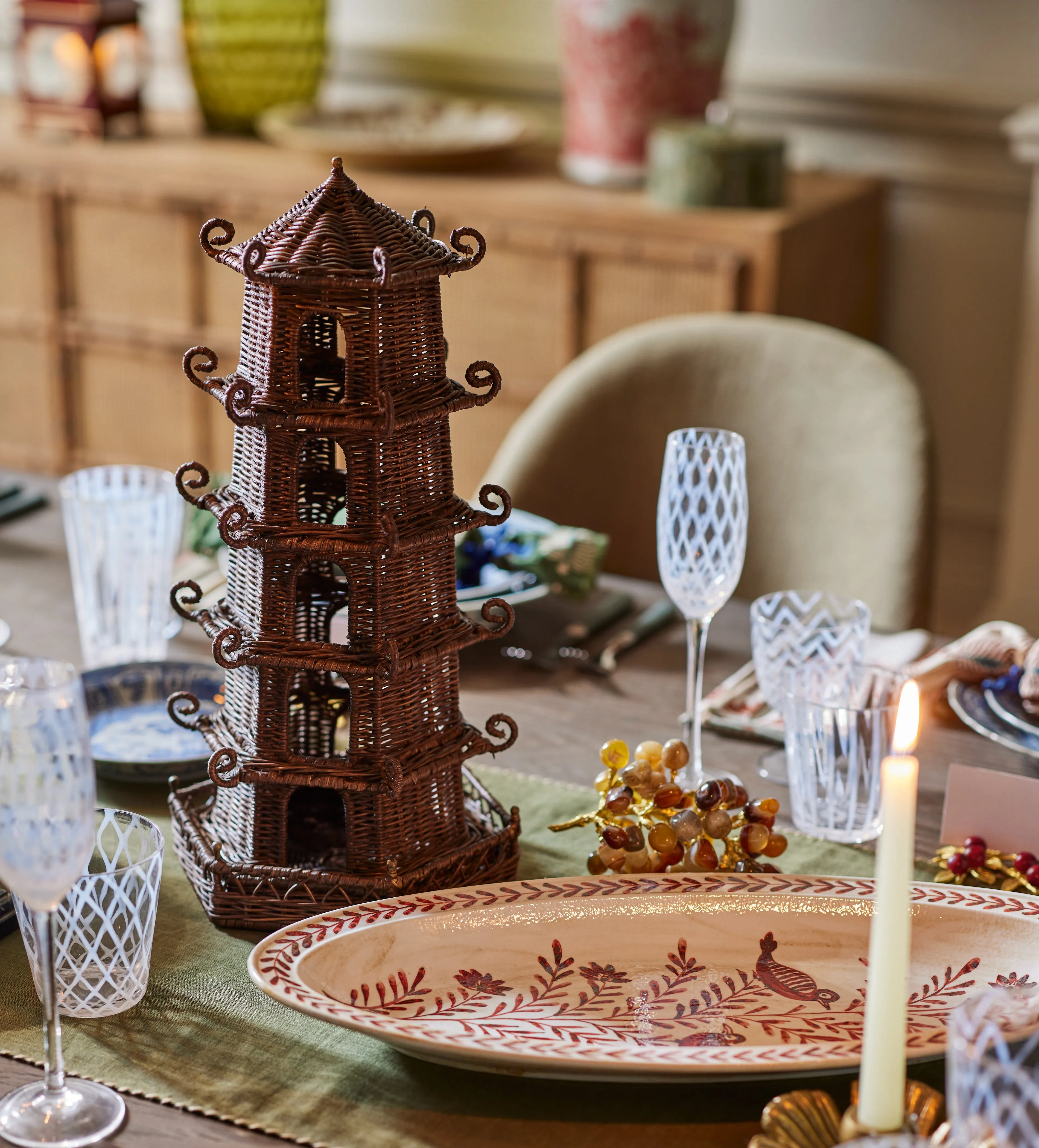 Tall Pagoda Lantern Candle Holder - Brown, Rattan