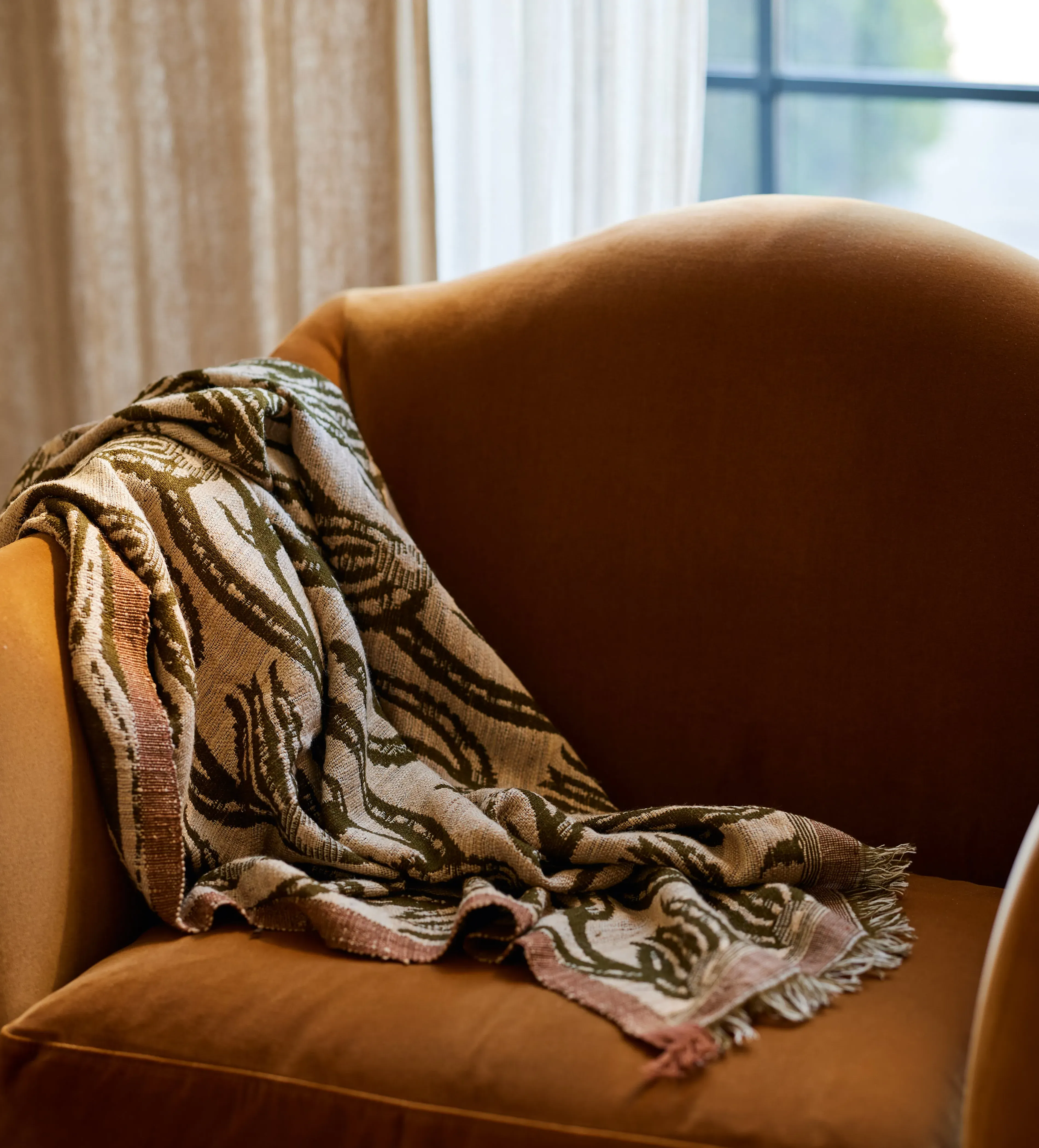 Throw with Fringe Detail - Olive, Silk Cotton