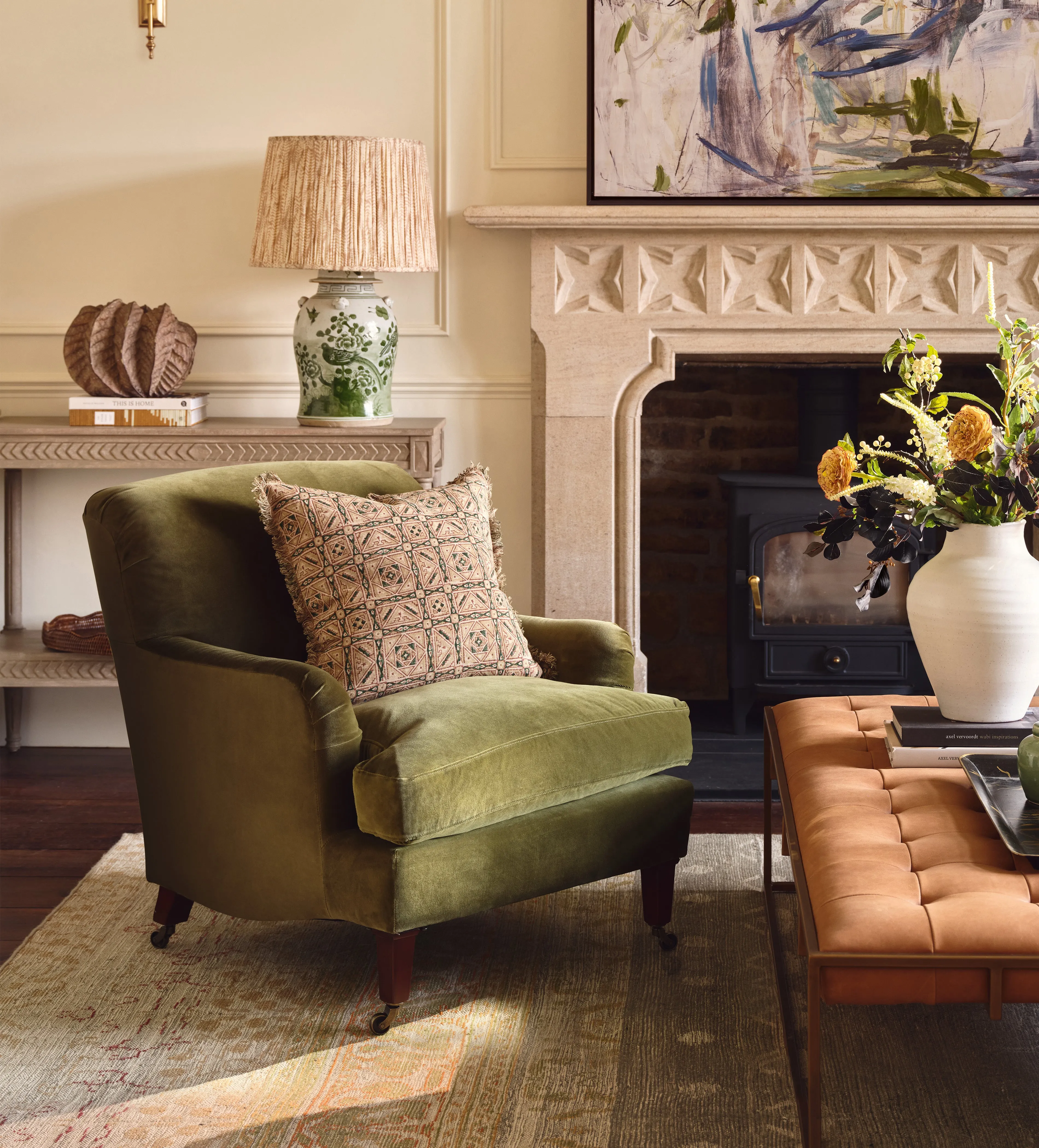 Traditional Armchair with Castors - Spruce, Velvet