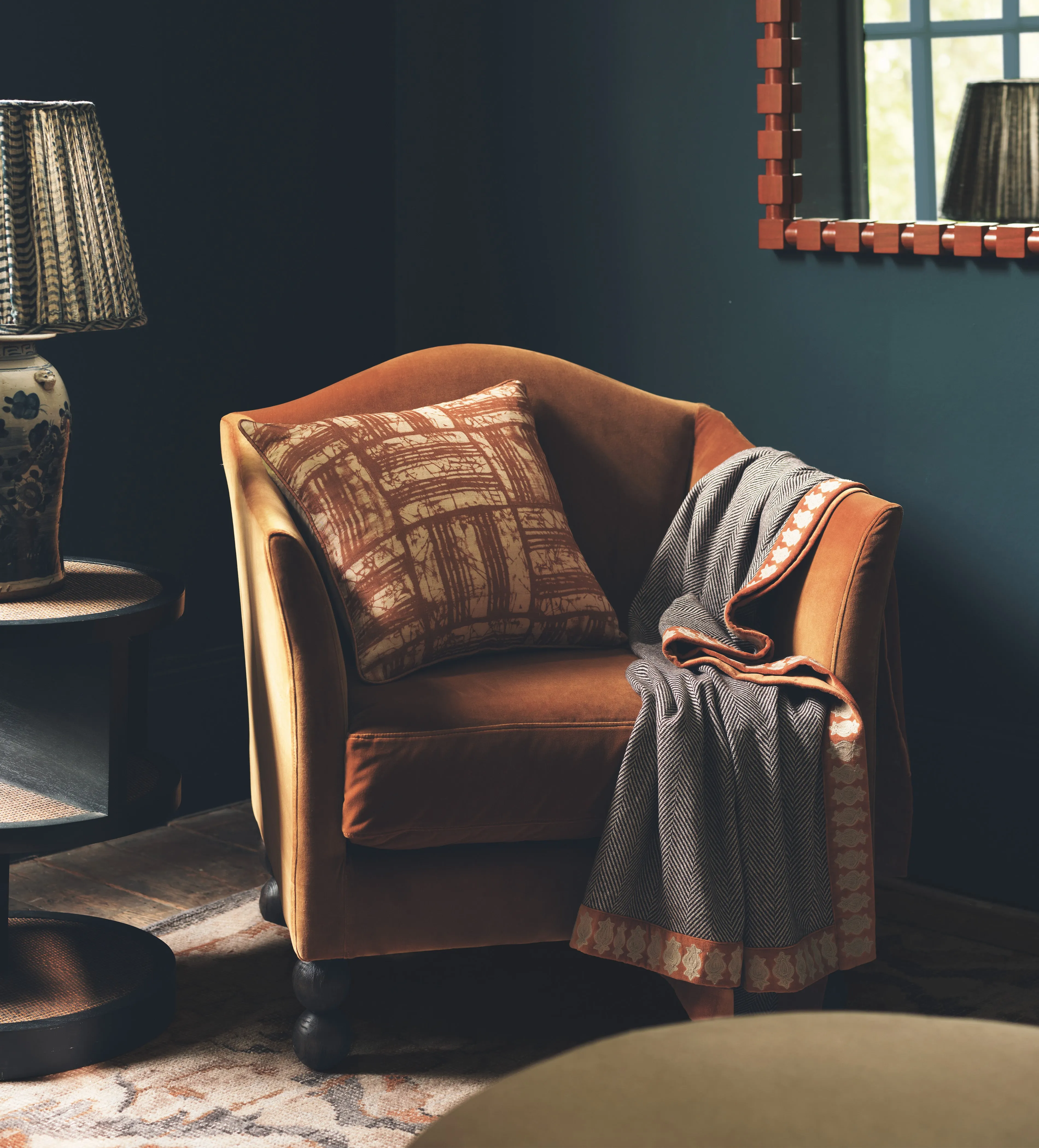 Velvet Armchair with Bobbin Feet - Camel