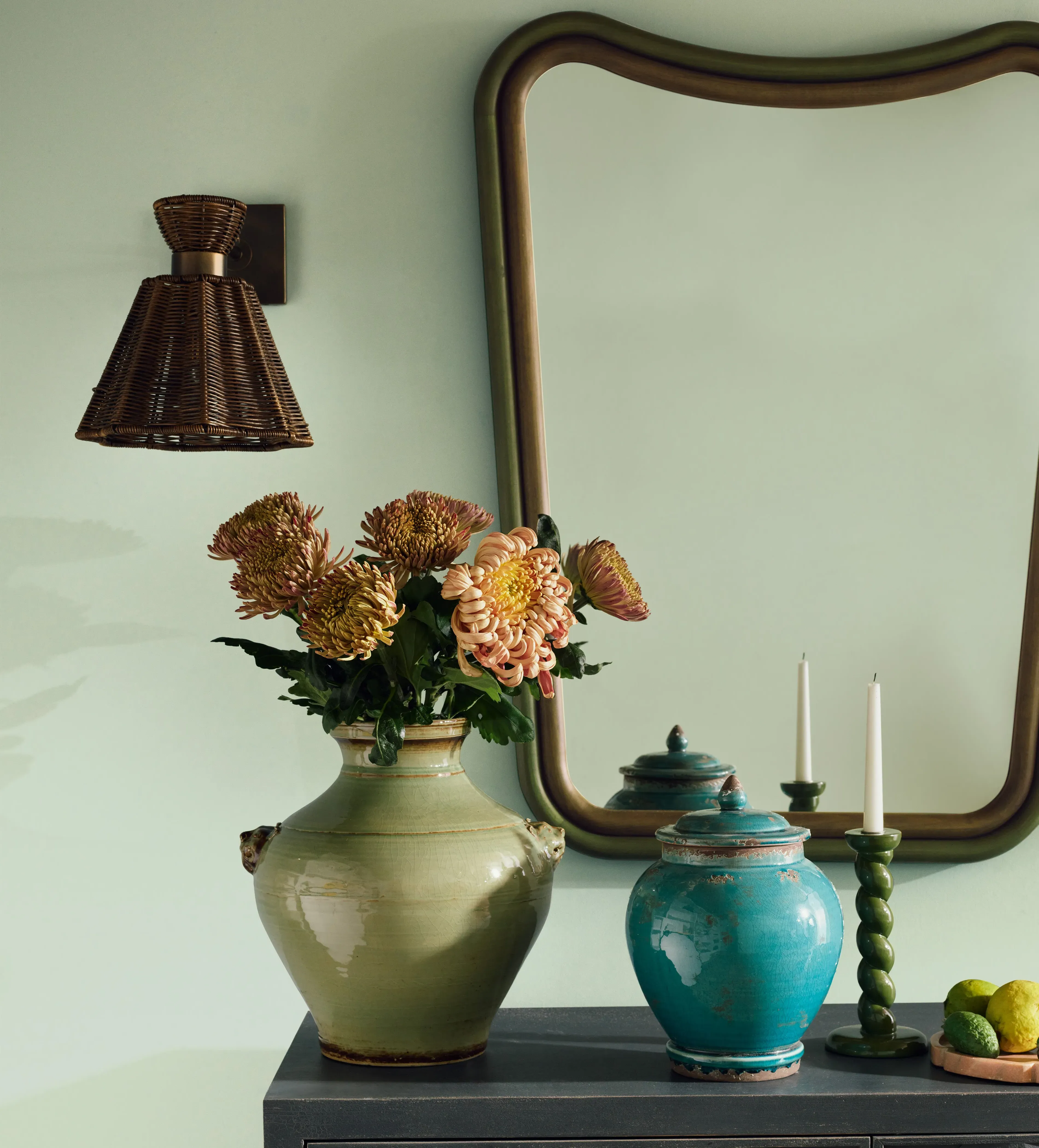 Wall Lamp with Adjustable Arm - Brass, Rattan