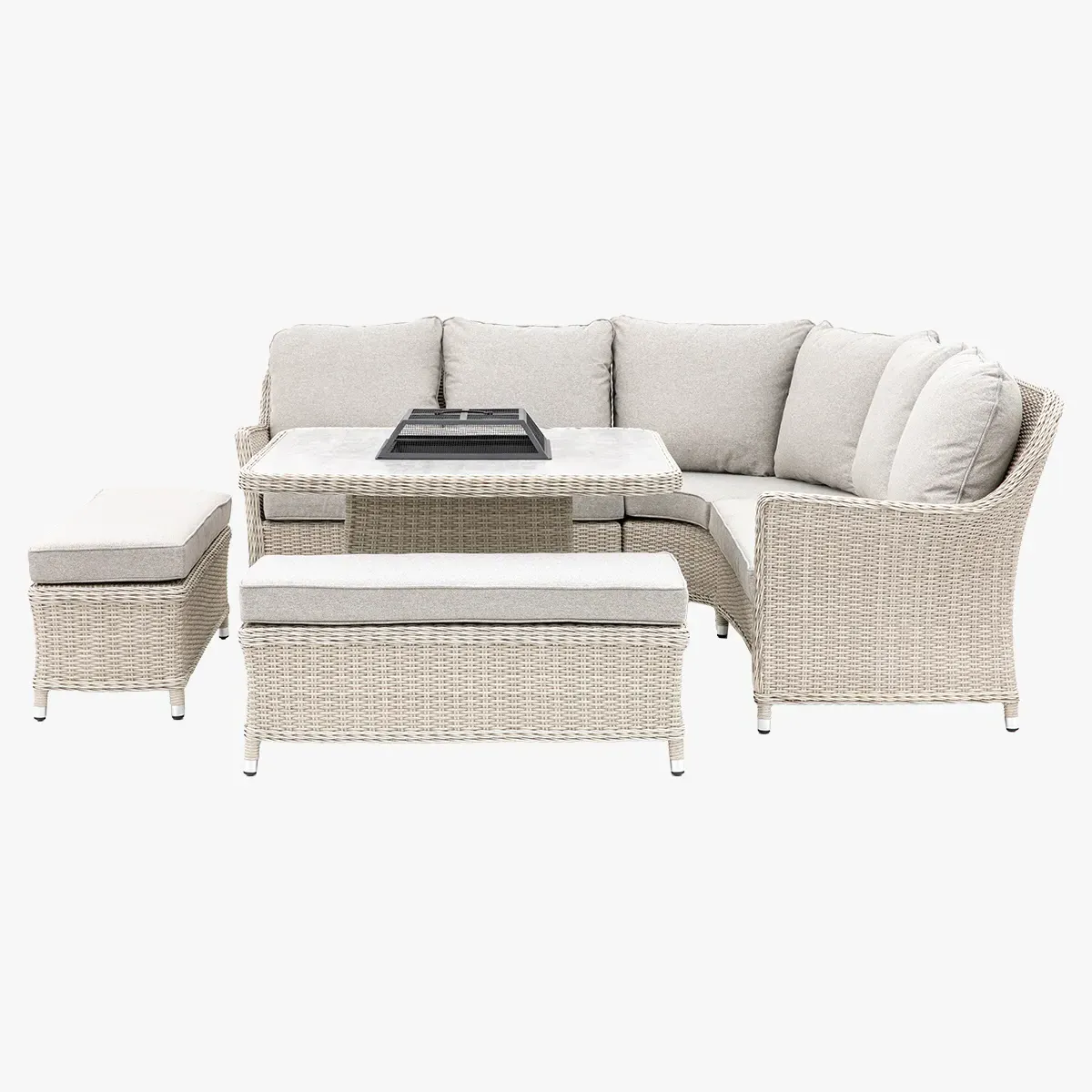 Dining Set with Fire Pit - Stone, Polyrattan image