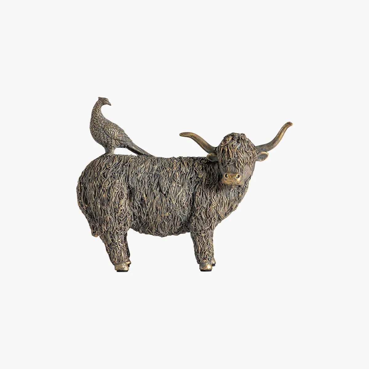 Highland Cow Figurine with Pheasant - Bronze image