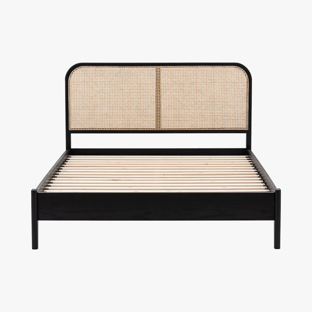 King Size Bed with Rattan Headboard - Black, Oak image