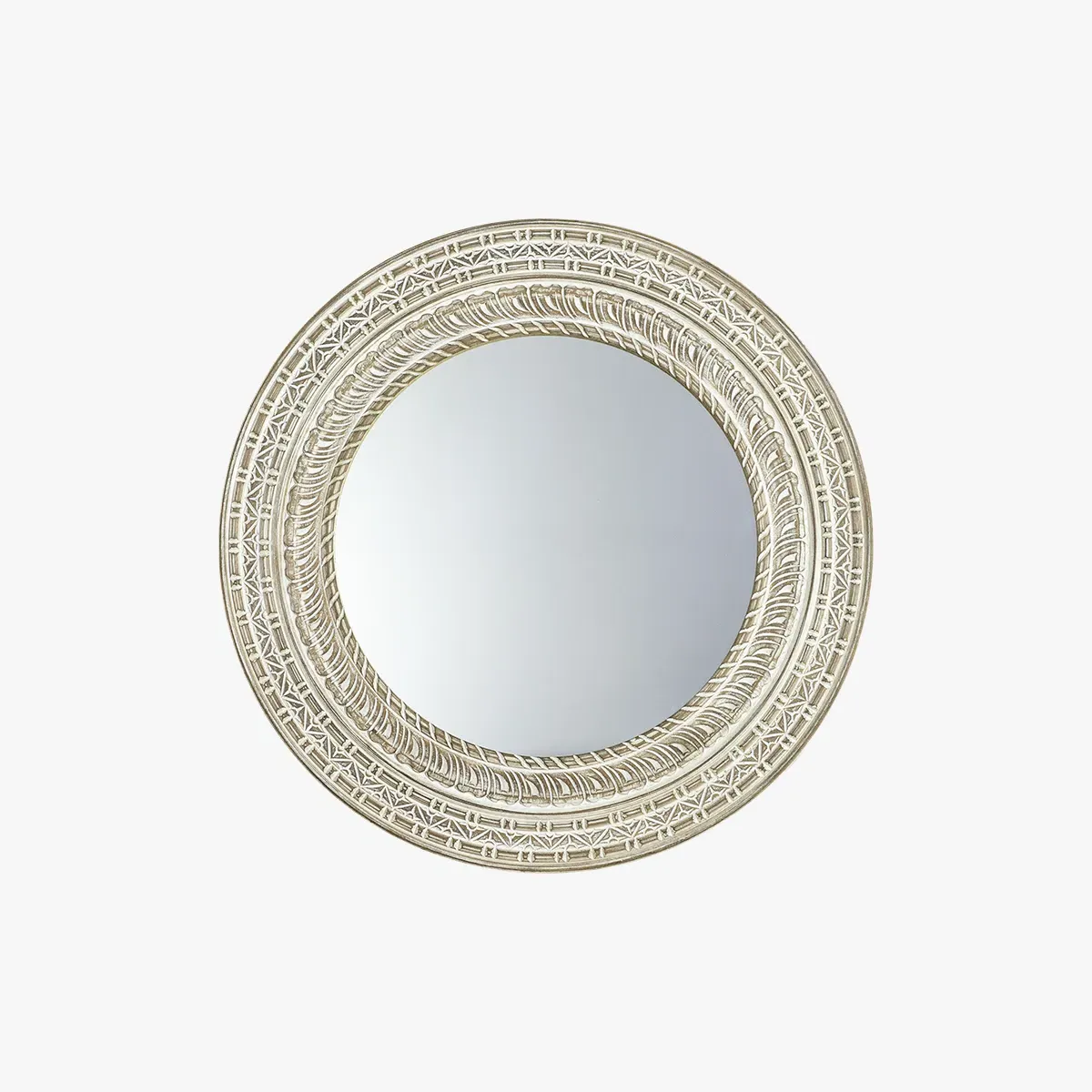 Round Mirror with Carved Frame - Beige, Mango Wood image