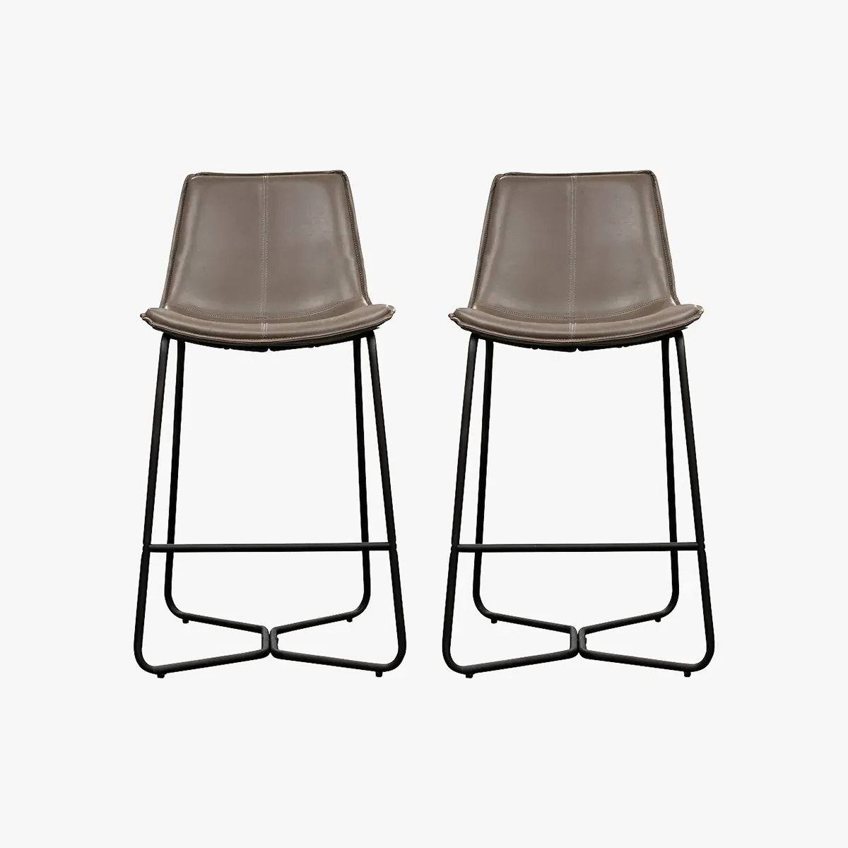Set of 2 Bar Stools with Stitching - Grey, Faux Leather