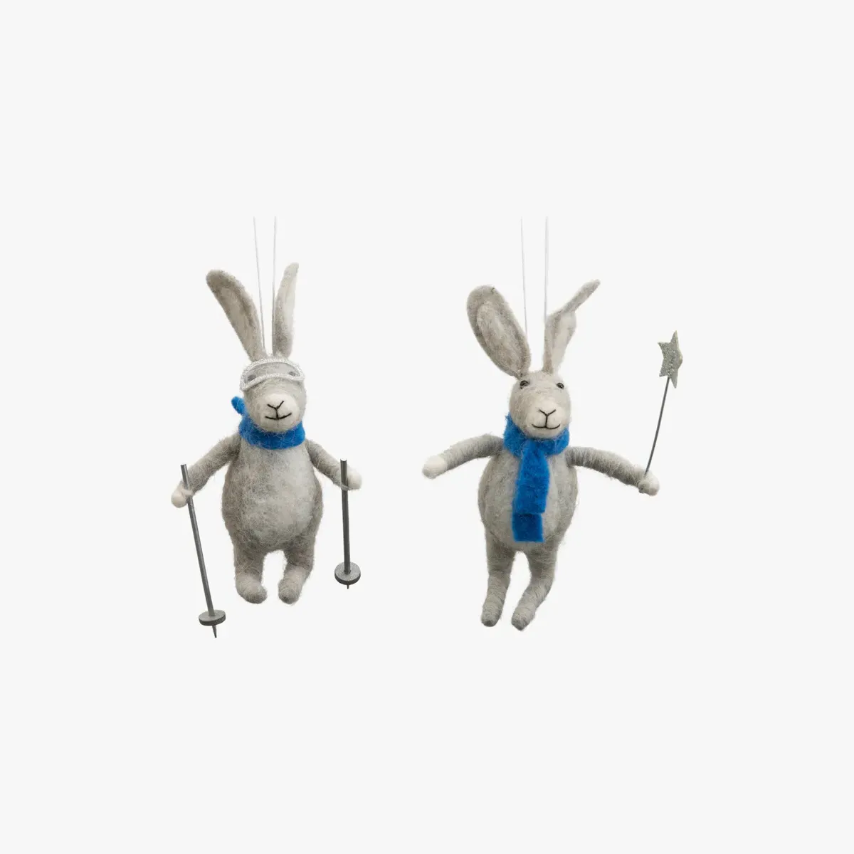 Set of 2 Skiing Hare Ornaments - Grey image