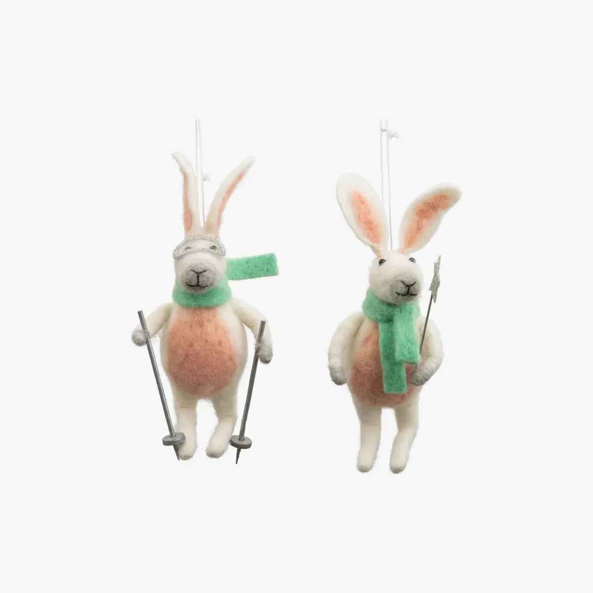 Set of 2 Skiing Hare Ornaments - White